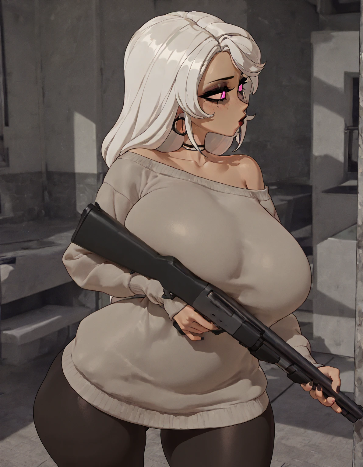 masterpiece, best quality, amazing quality, very aesthetic, absurdres, newest, scenery, extreme detail, 8k, detailed eyes, by Riolutiny, eyelashes, , Milf, mommy, human, shotgun, solo, big , thick thighs, curvaceous, 3d Model, 3d, By Bom39, cowboy shot, front view, black leggings