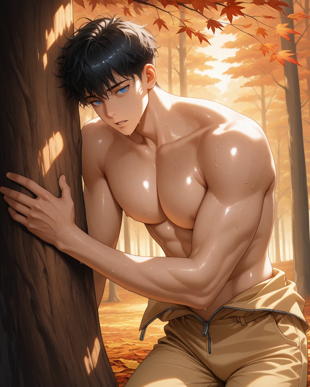 Handsome guy with  and short hair，Muscles throughout the body，Feet without socks breathe freely in the forest。