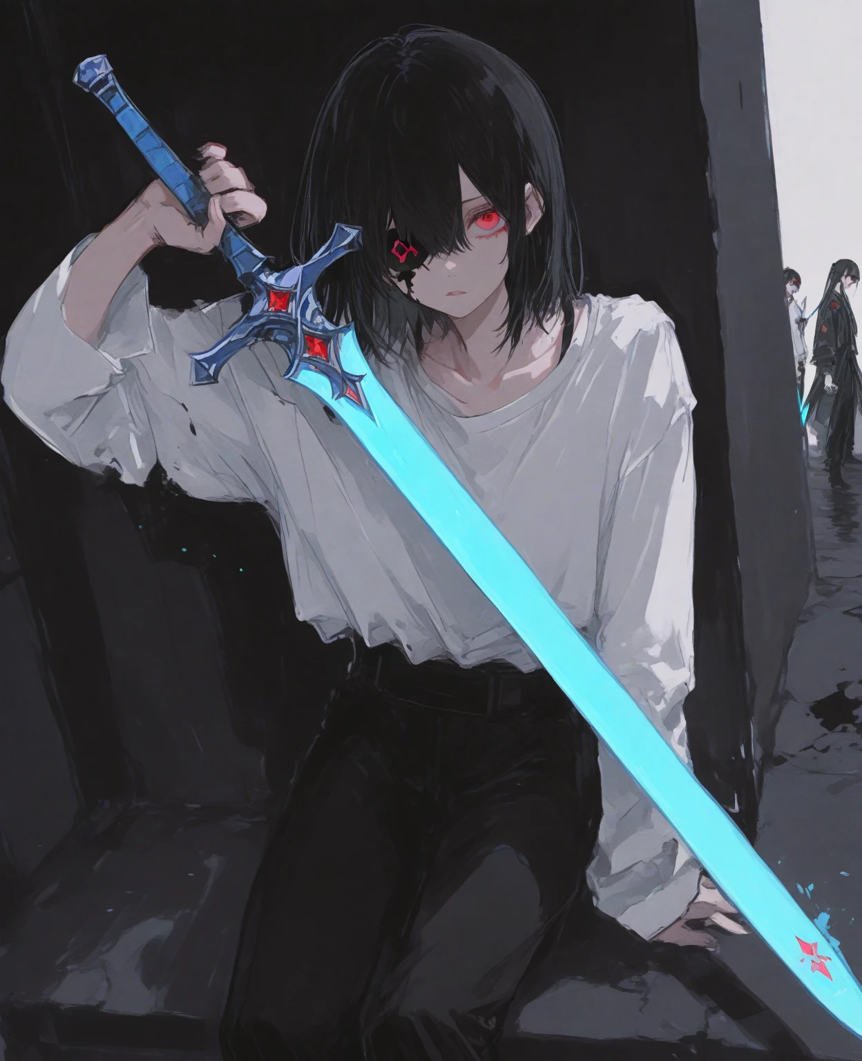 Isekai style, a 16 year old boy with torn clothes clothes he is sad that he is holding a sword stuck in the ground with crying and blood on the sword in high quality extremely detailed with enough gradient