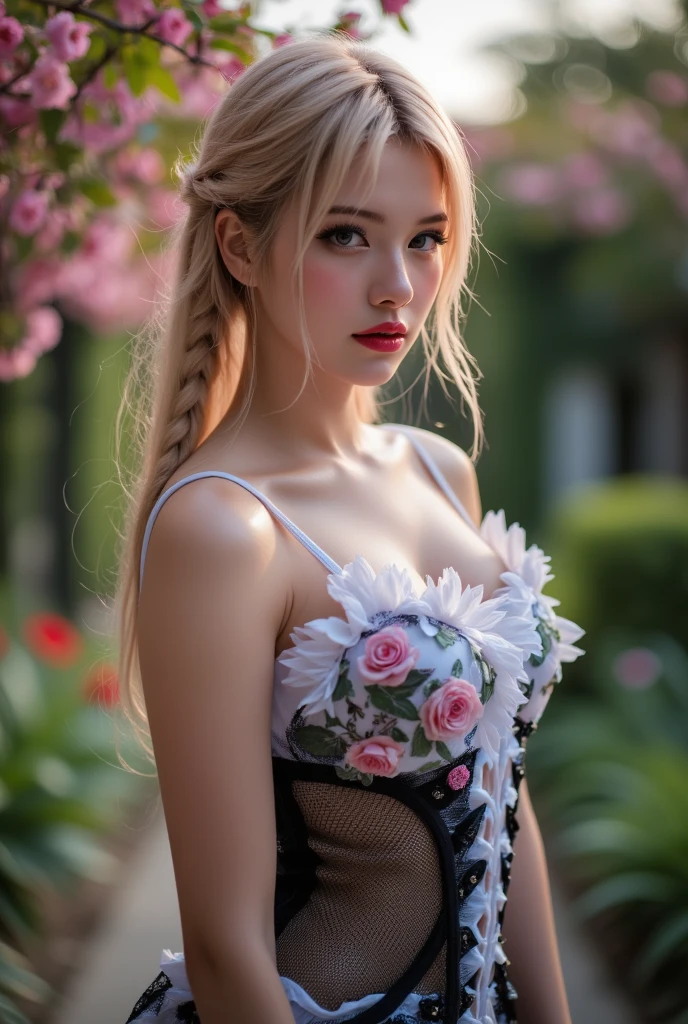 (( 1 very cute woman, blonde, on her knees, both knees on the ground, wearing a loose white silk extreme micro string, in a beautiful park)), (((medium breasts :1.4))), 8k, RAW photo, ((full body shot)), (highly detailed skin:1.2), (exposed:1.5), (exposed breasts:1.5), (exposed back:1.5), (exposed shoulders:1.1), photography, masterpiece, best quality, a beautiful caucasian girl, blue eyes, light blonde hair, white skin, medium soft breasts, slim thighs, wearing white gloves), various pose, Ultra-detailed face, Detailed eyes, ((No closeup)), ((outdoors)), black choker, side view