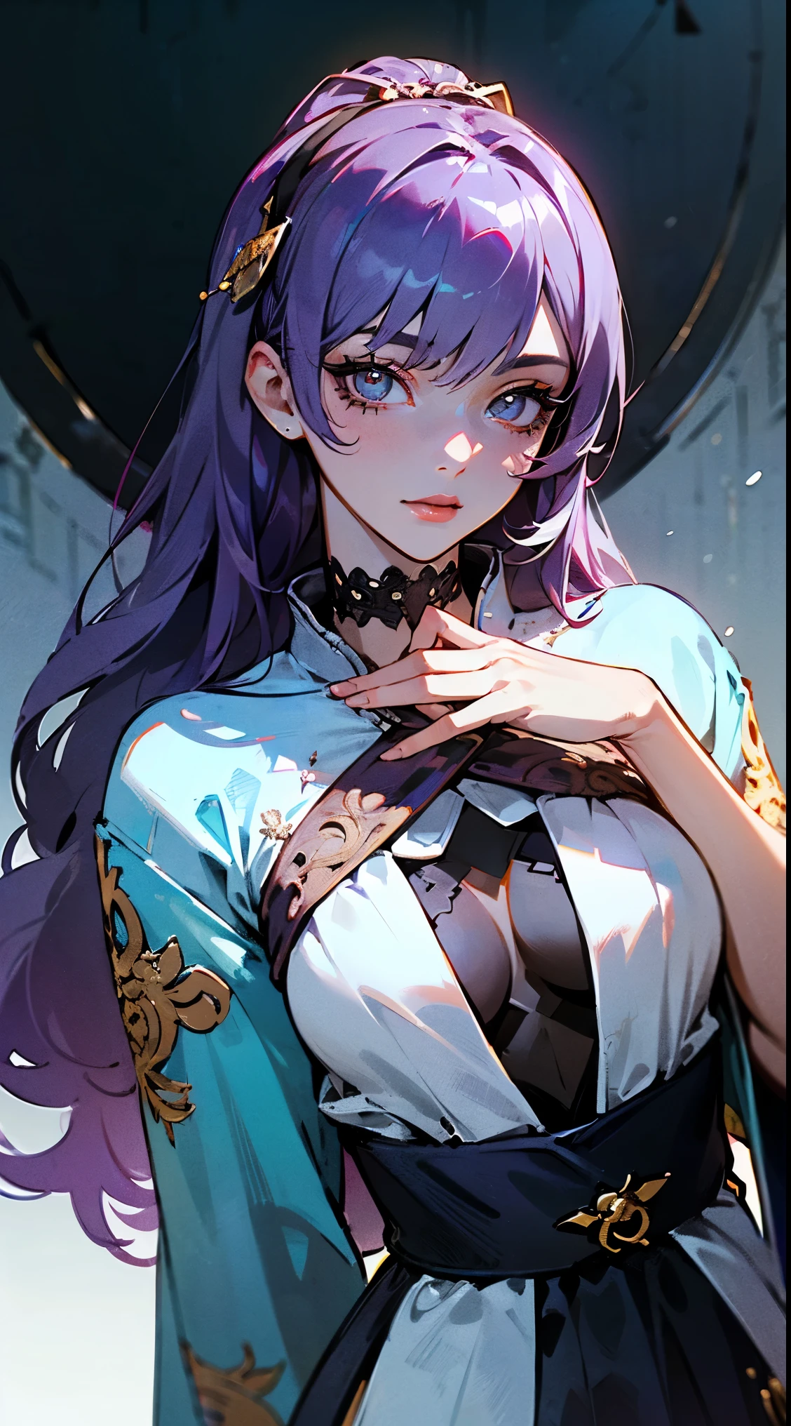 Realistic, High resolution, Soft Light,1 Female, alone, Hip Up, (Detailed face), we \(one piece\), tattoo, jewelry,kochou shinobu,Multicolored Hair,No bangs,Hair Intake,Purple eyes,amount,Black Shirt,Black trousers,Haori,butterfly,button,belt, knife, ((torn clothing:1.5)), ((Voluptuous body)), ((Expressions of pain)),