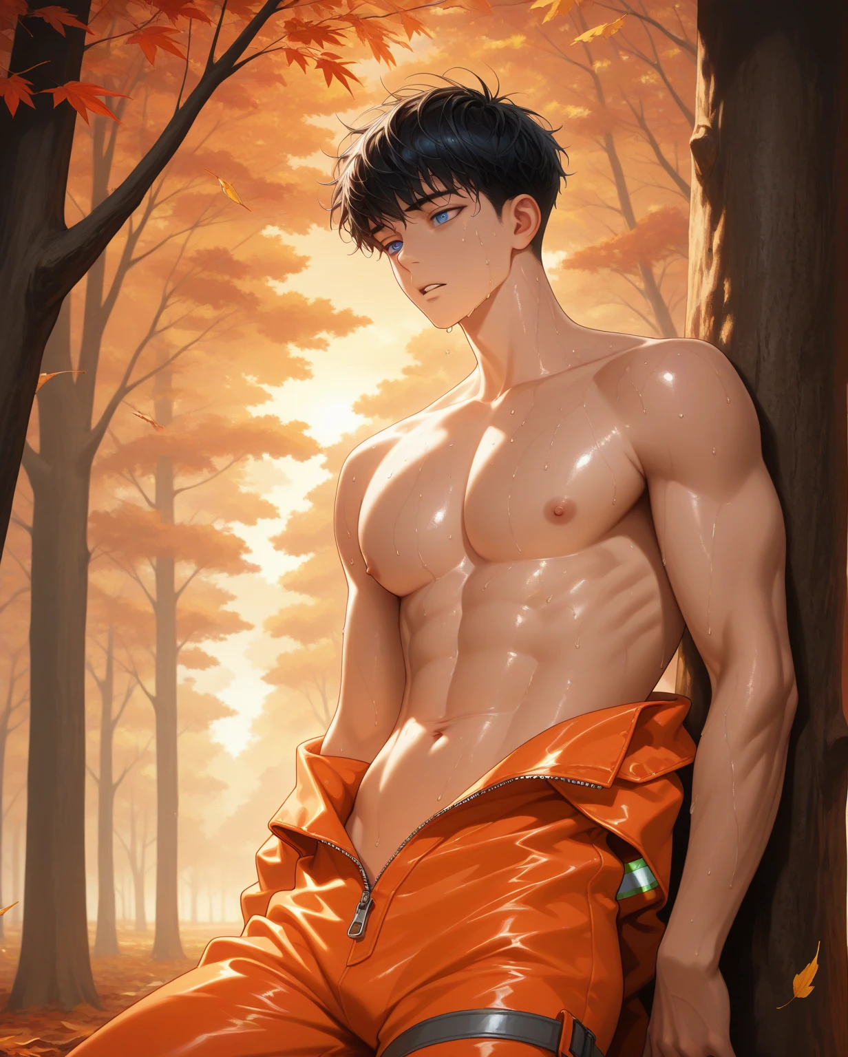 15-year-old boy, Upper body naked, White briefs ,Smooth Skin,bamboo forest,  Black Hair,  Eye-level shot, Thin、Beautiful Boy