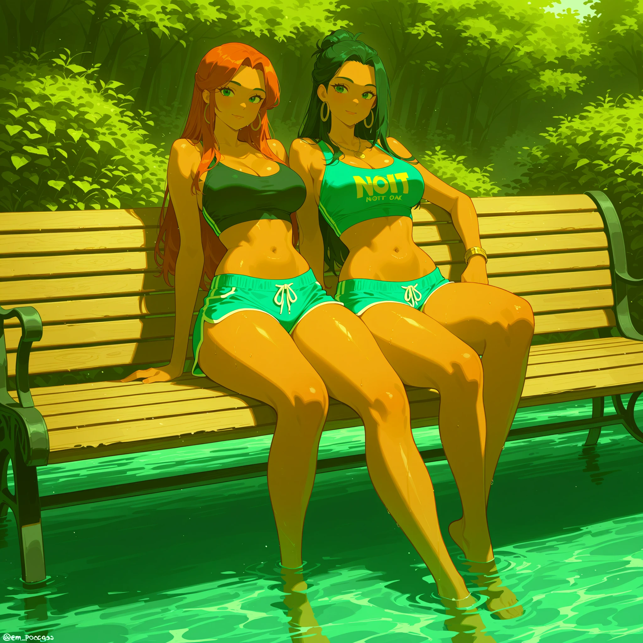 Two female, Twins,breasts big, pantyrose,bikini line, tanned,sitting on a stool,legs spread open, athlete body,long light orange hair,mirror,flowers, a beautiful waterfall ,cyberpunk..