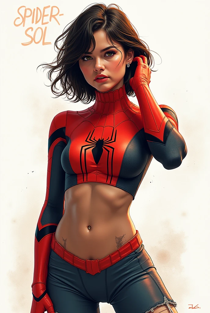 Halle Berry、Sticking out the navel、newyork、She wears a torn Spider-Man suit,wearing skirt、 Red and black color scheme,Dynamic、​masterpiece、top-quality、ultra-detailliert、ighly detailed、beautiful detailed brilliance、超A high resolution