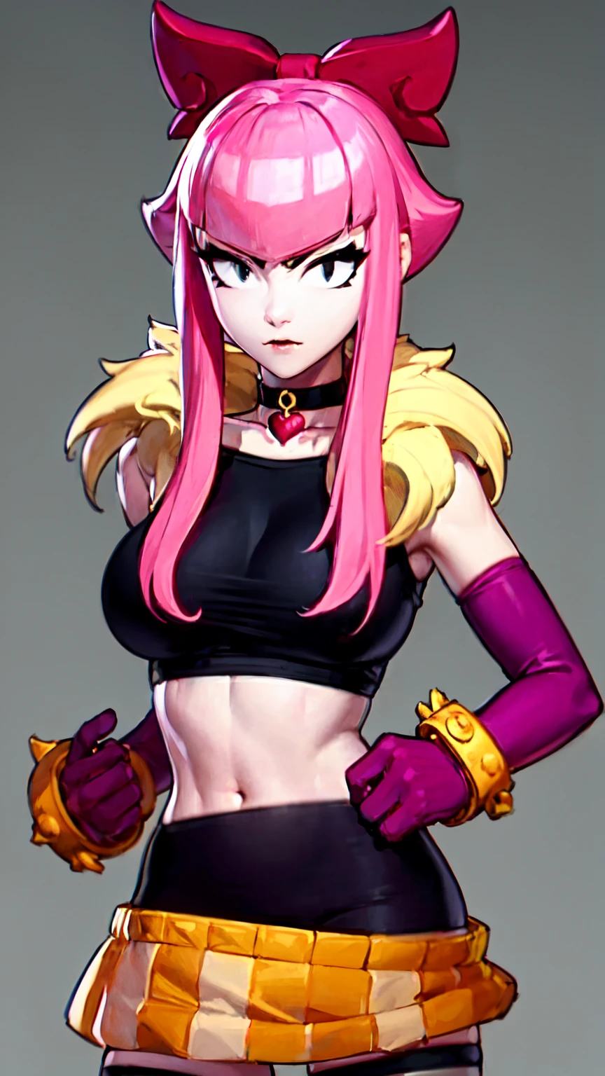 1girl, solo, Melodie, melodiebs, idol, musical notes, pink hair, big bow, elbow gloves, black crop top, yellow skirt, thighhighs, fur stole, choker, {surreal quality,detailed,best_quality:1.3,Sharp,4k,8k}