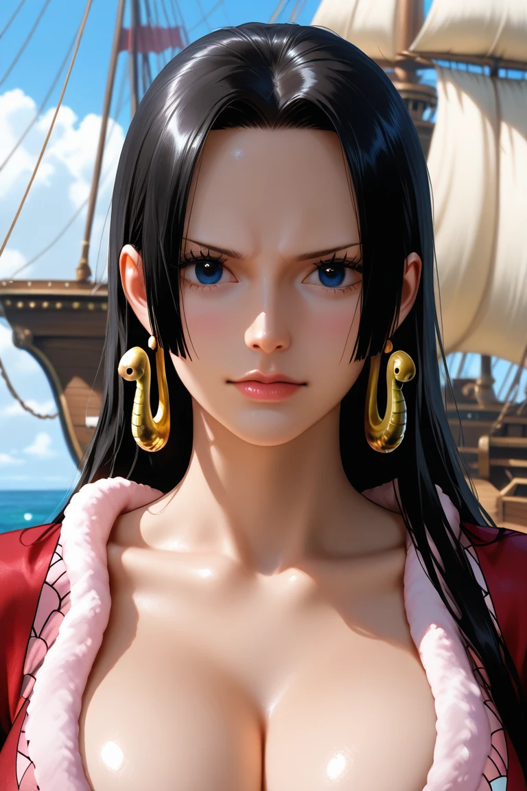 Fake Mustache, big mustache, beard, big beard, masterpiece, best quality, cowboy shot, solo, 1girl, boa hancock, smile, looking at viewer, hand on breast, cape, epaulettes, cleavage, jewelry, earrings, midriff ,NSFW, official art, extremely detailed CG unity 8k wallpaper, perfect lighting, (masterpiece:1.0),(best_quality:1.0), ultra high res,4K,ultra-detailed, photography, 8K, HDR, highres, absurdres:1.2, Kodak portra 400, blurry background, bokeh:1.2, lens flare, (vibrant_color:1.2),(beautiful_face:1.5),(narrow_waist),(perfect hands, perfect anatomy), huge breasts, very wide hips, slim waist, curvy, on a pirate ship at sea
