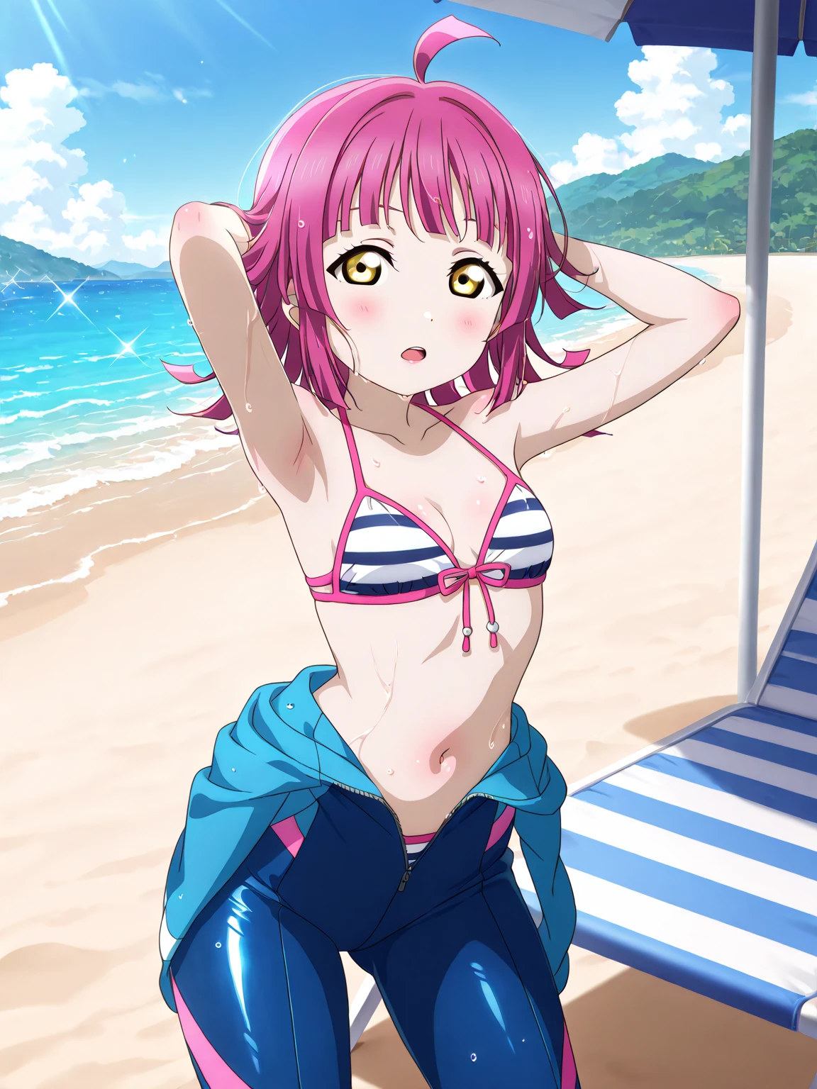 Porta, 1girl, solo, blush, smile, yellow frill bikini, ocean water, playing, happy, sunshine, perfect quality, good quality, masterpiece, HDR, UHD <lora:Porta:0.8>