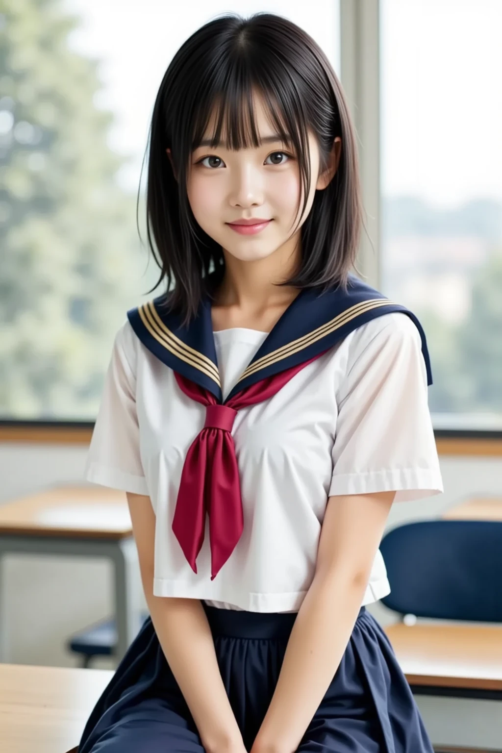 Very detailedな CG Unity 8k 壁紙, Highest quality, Very detailed, masterpiece, Realistic, photo Realistic, Photographing the whole body from a distance、Very detailedなかわいい 14 歳の女子, (((Try lifting your skirt))), (Lift it yourself), Camel Toe、Natural Makeup、(masterpiece:1.3, Highest quality, Ultra-high resolution, Very detailed), (Realistic:1.1, photoRealistic:1.4)、School Life、In the classroom、Enjoying alone、Blushing、Xiaowa、Beautiful detailsまでこだわった髪, Beautifully detailed face, Beautiful details, Camel Toe、Beautiful clavicle, Beautiful body, Beautiful breasts, Beautiful thighs, Beautiful feet, Beautiful fingers,
View your viewers, 1 Girl, Japanese, 14-year-old girl、smile、Perfect Face, (Perfect Anatomy, Anatomically correct), Cute and symmetrical face, Baby Face, 細部にまでこだわったWhite skin, Skirt flip、Camel Toe、Skirt flip、((Lower body naked))、((Wear loafers and socks))、(Cute side twin tails:1.5,brown、Scrunchie), Asymmetrical bangs, black eye, Long eyelashes, (Small Box)、Very slim figure、thin, blush, Lips parted, Looking at the audience ((Cute short-sleeved sailor uniform:1.5))、In a Japanese classroom、Detailed slender legs、White skin、Skirt flip、Camel Toe、Skirt flip、(2 legs、Black knee-high socks:1.2)、((One young junior high school student))、((Low Angle Portrait:1.5))