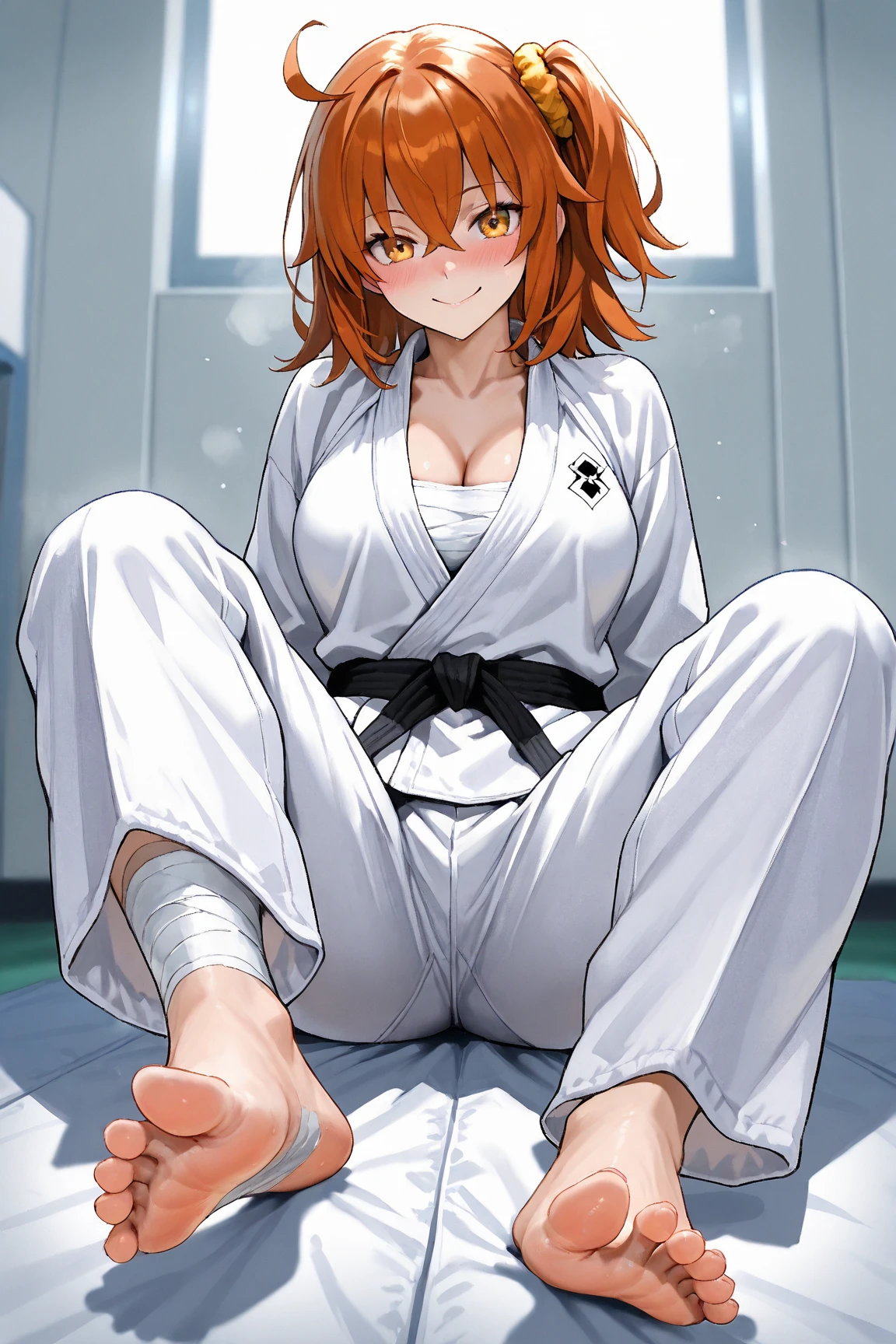 Woman taking off her clothes and showing her nipples, spread legs, panties, full body, (((masterpiece))),(((High resolution)))、(((8K quality)))、(((Perfect Face)))、((Top quality eyes)), Attractive 40 year old woman, Very cute face、Anime Style、wavy hair, medium hair, ((hair over one eye)), red hair, small eyes, brown eyes, Beautiful Eyes、red and thick lips、Big Breasts、Cleavage, (Judo uniform), see-through panties, from above, full body, lying, on back, Sleeping on your back、On the tatami、Rub your own breasts、smile, blush, Arena with Judo hall at Olympic venue,