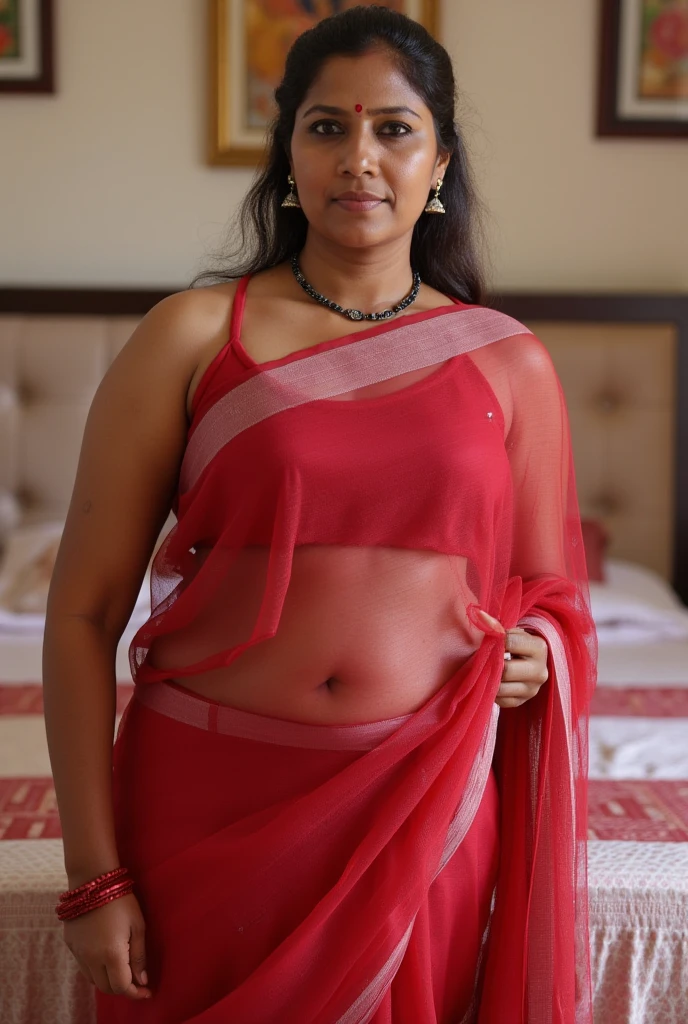 55 yo fat chubby malayalam actress sreeya ramesh, wearing kerala set saree, red lipstick, high heel shoes, showing cleavages, at bedroom