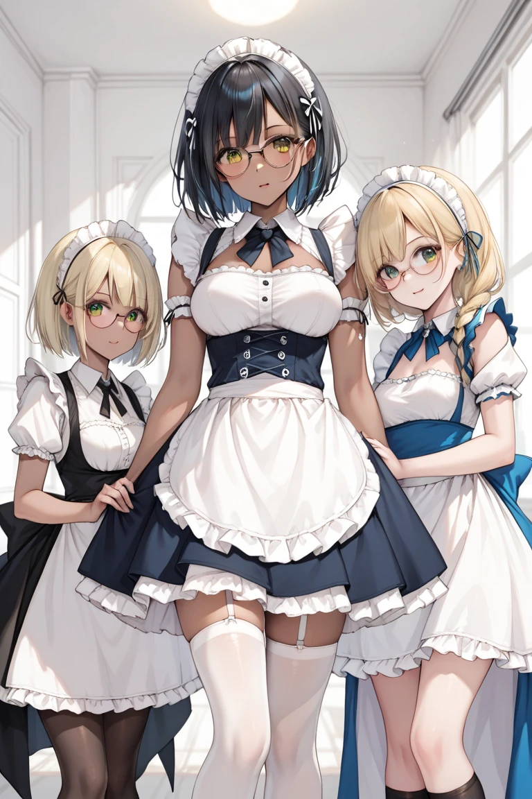 highest quality、Ultra-high resolution、Fantasy、roleplaying game、Sexy maids under 10 years old lined up、Inside the Western-style building、Lift up the hem of your skirt、Panty shot、Water-soaked underwear、garter belt、Only one person with glasses