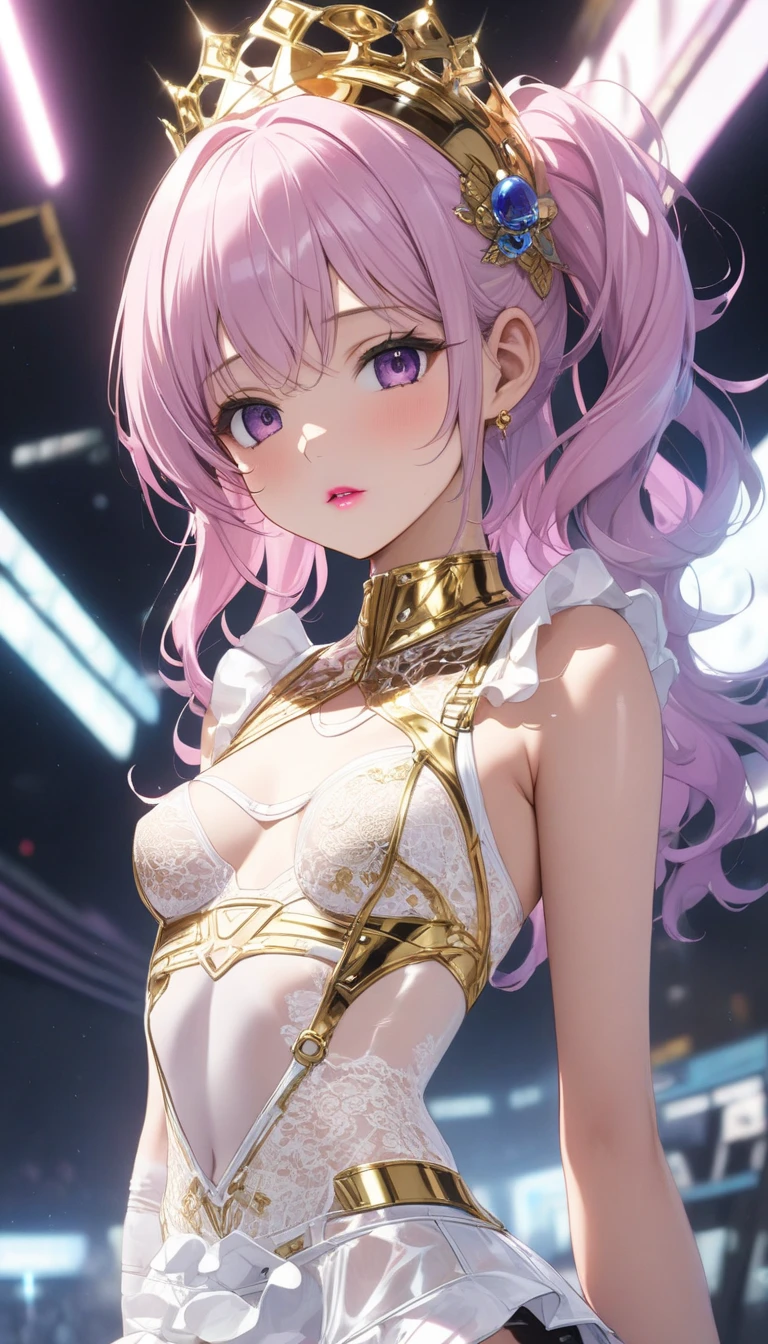 ((strapless)), ((4 defined fingers)), ((1 defined thumb)), (looking at viewer), break, sexy, ((solo)), (1 woman), ((25 years old)), ((highest quality)), ((masterpiece)), (familiar),  skindentation, perfect face, 8k , (cowboy shot), break, short hair, (((pink hair1.5))), bob cut, black eye, beautiful princess, smile, thin thighs, medium breasts, perfect limbs, ((metallic costume)), (visible nipples), (camel toe:0.4), sexy, standing, (latex,)