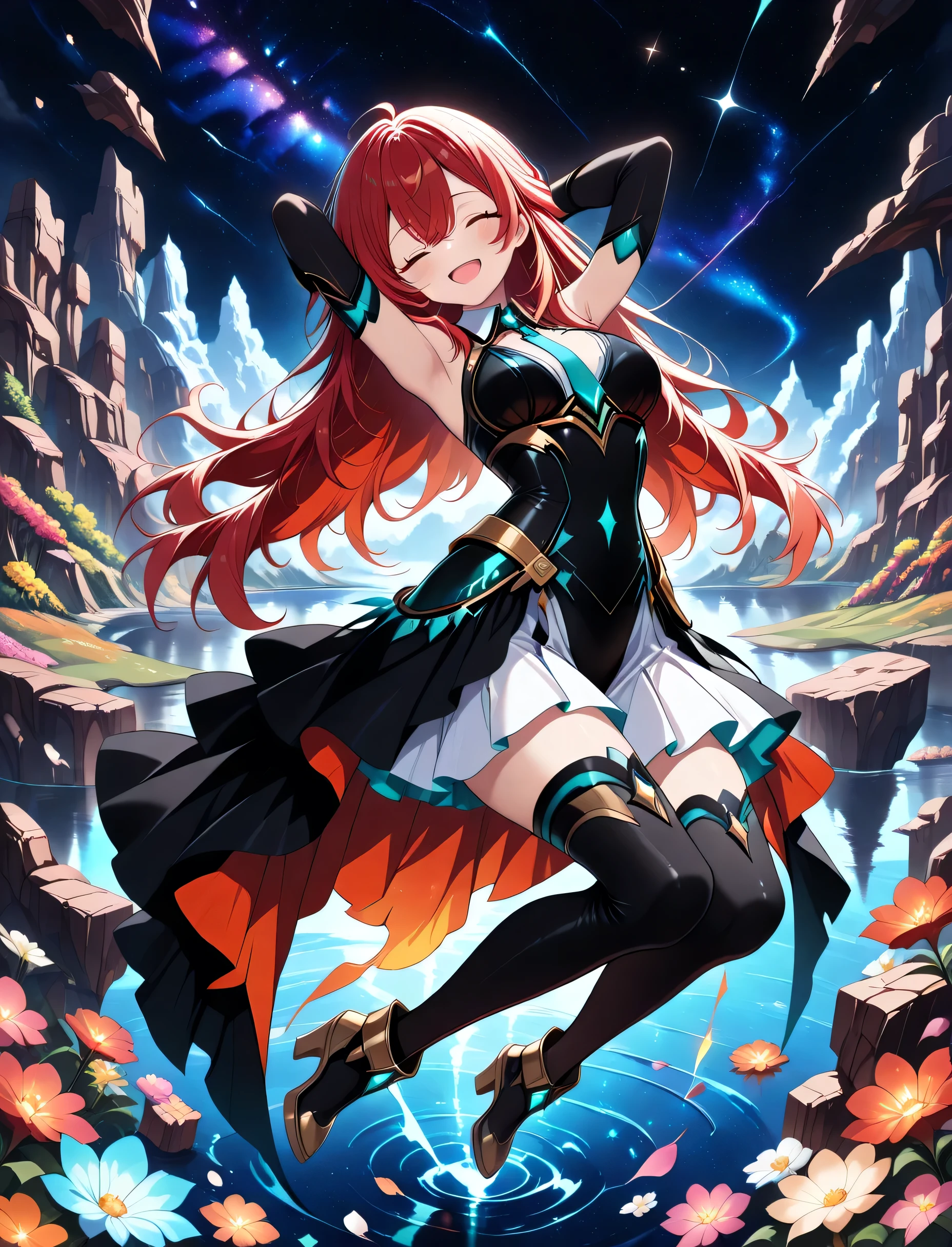 (((full body, from above, from side))), ((((girl sleeping on a floating broken room, hands behind head, head tilt, flower field on the floating asteroid surface, smile, open mouth, looking up, facing up, closed eyes))), ((1 girl , golden eyes , very long hair , long sidelocks, red hair ,half updo, petite , very cute , beautiful ,Straight hair, cool, handsome, hair between eyes, sexy, medium breasts, aqua necktie, aqua belt, black elbow gloves, sleeveless, black dress, (white skirt), high heel boots, thigh boots)), outdoors, futuristic setting background, (another world), galaxy, lake, ((glowing water)),((starry sky)), scenery, night, outdoors, futuristic landscape, floating asteroid, strong wind, petals, (((ambient light, cinematic light, lighting practice))), ((many objects, masterpiece:1.2, best quality:1.2, very aesthetic:1.2, absurdres:1.2, detailed background:1.2)), newest, contrast, ((intricate details)), (ai-generated), (best quality, extremely detailed, masterpiece, stunning details, depth, high resolution, ((highly saturated colors, high contrast, anime coloring, colorful landscape)), anime, scenery,((whimsical scenery, anime-inspired, detailed line work, vibrant colors, ethereal atmosphere, delicate features, balanced realism & stylization, intricate accessories, intricate patterns, intricate details, whimsical elements, soft glow, elegant design)),fantasy landscape, dark and mystical, eerie atmosphere, vibrant colors, surreal scenery, otherworldly, dramatic lighting, futuristic elements, ethereal glow, reflective water, fiery accents, dark theme, dim lighting, black theme, dark background, black background, silhouette, backlighting