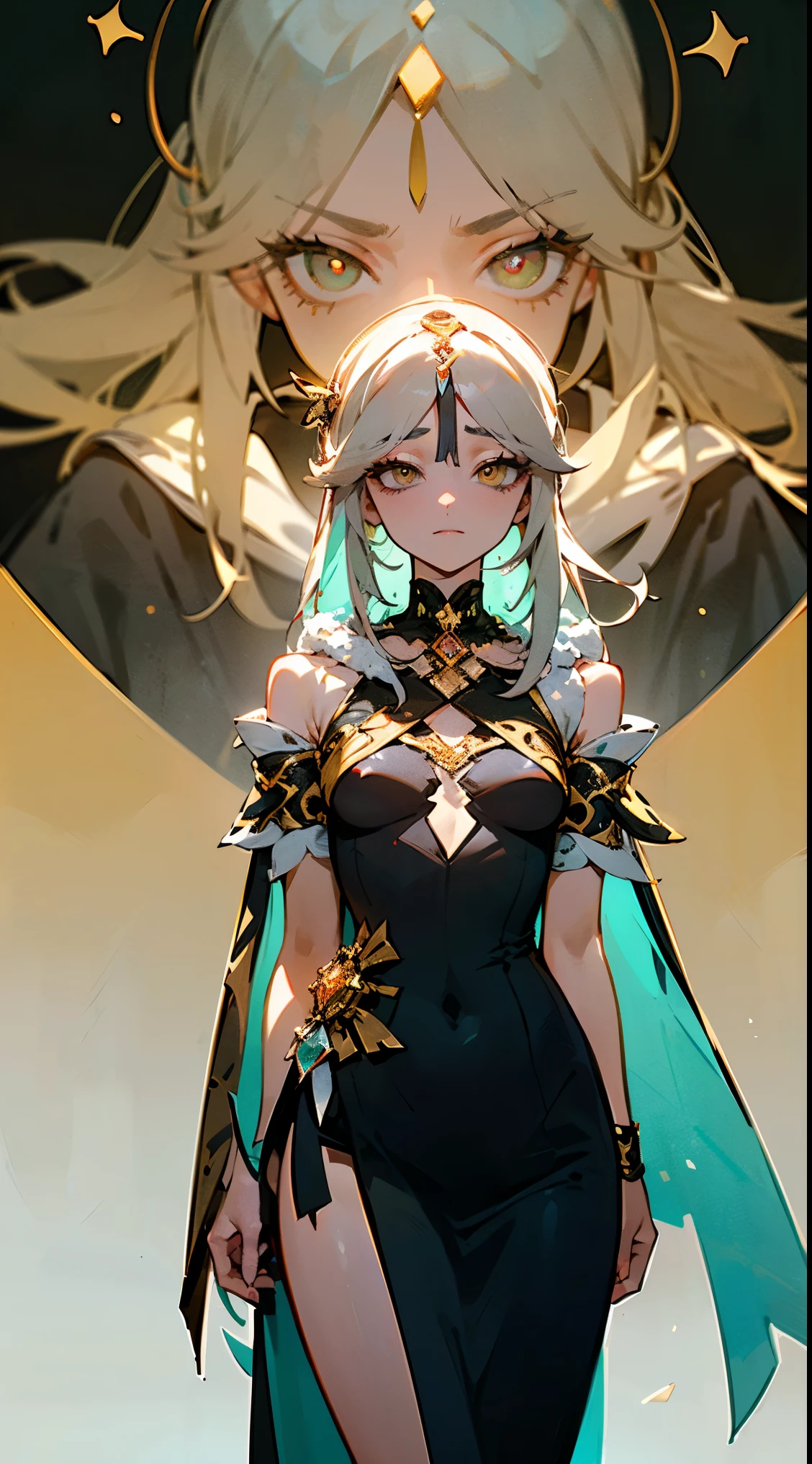 beautiful woman, white hair, long straight hair, ((crew cut: 1)), red eyes, fair skin, ((muscular: 1)), female, 28 years old, Wearing a black dress with fairy-colored silk braca, leather shawl, semi-transparent cubus of green color floating, space powers, goddess.