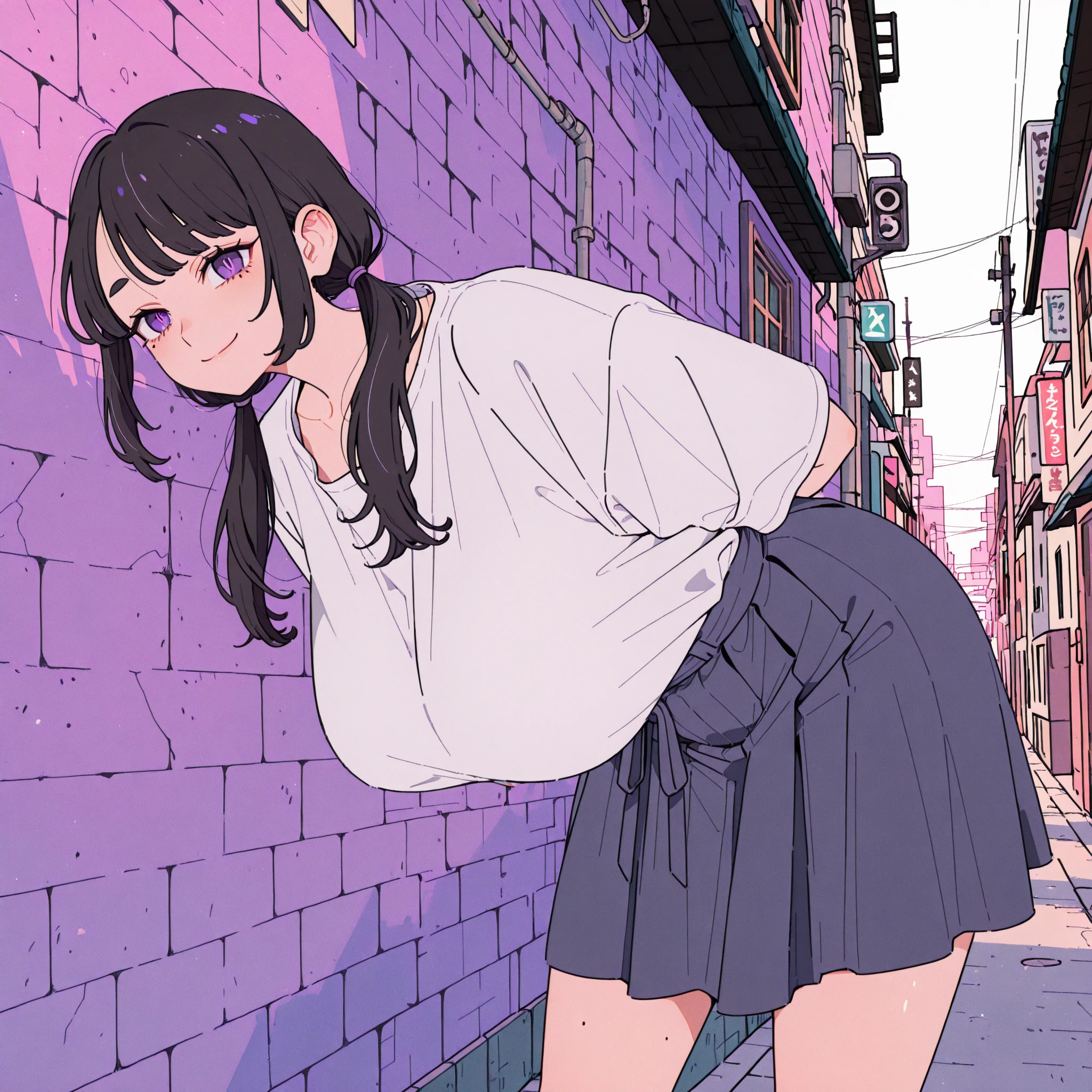 city,masterpiece,Best quality,1 girl,short hair, Jiraikei fashion ,black skirtpink shirt,hand on hip,frilled skirt, the wind lifted my skirt a lot, Sheer Shirt, nipples sticking out, Perfect ass