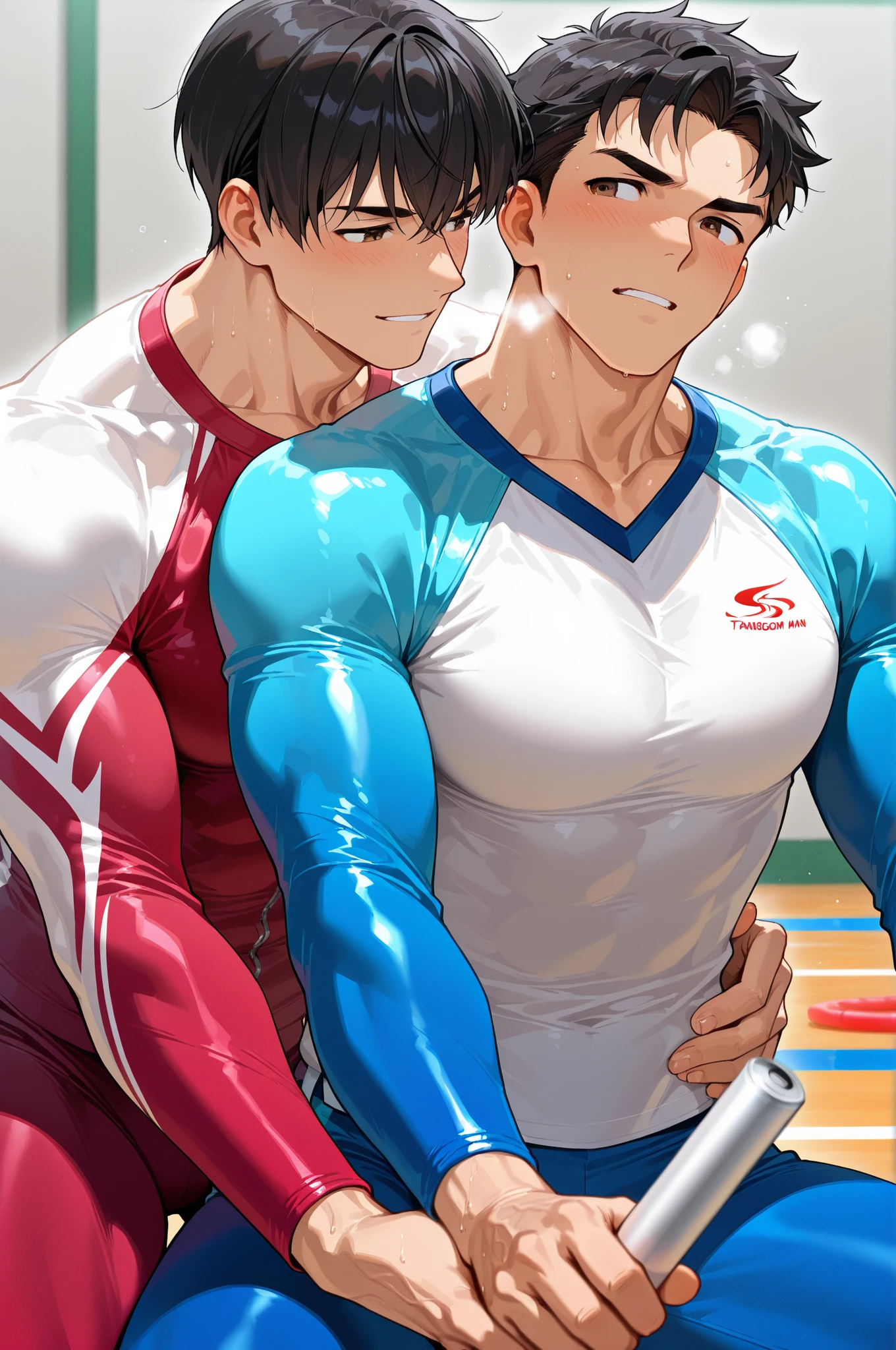 Ash Ketchum and from Pokémon and his long-lost twin brother flexing their biceps under hypnosis with glowing red eyes as they grow into big dumb sweaty hairy muscular football jock bros in a locker room. Hyper muscles. Massive muscles. Big biceps. Big triceps. Big traps. Broad shoulders. Big pecs. Bulging crotch. Hyper crotch bulge. Dumber and dumber. Blank stare with open mouth while saying, "I am a dumb jock.... I obey.... Dumber and dumber.... Hairier and hairier.... Yes, Coach.... Huhuhuhuh...." Slumped shoulders. Hypnosis. Brainwashing. Bigger and dumber jock bros. Assimilation. Transformation into big dumb muscular jock bros. Slumped shoulders. Massive crotch bulge. Bulging glutes. Thick stubble. Hairy armpits. Repeating triggers to be dumber and dumber each time they say them to think and focus only on growing muscle and being the perfect football jocks.