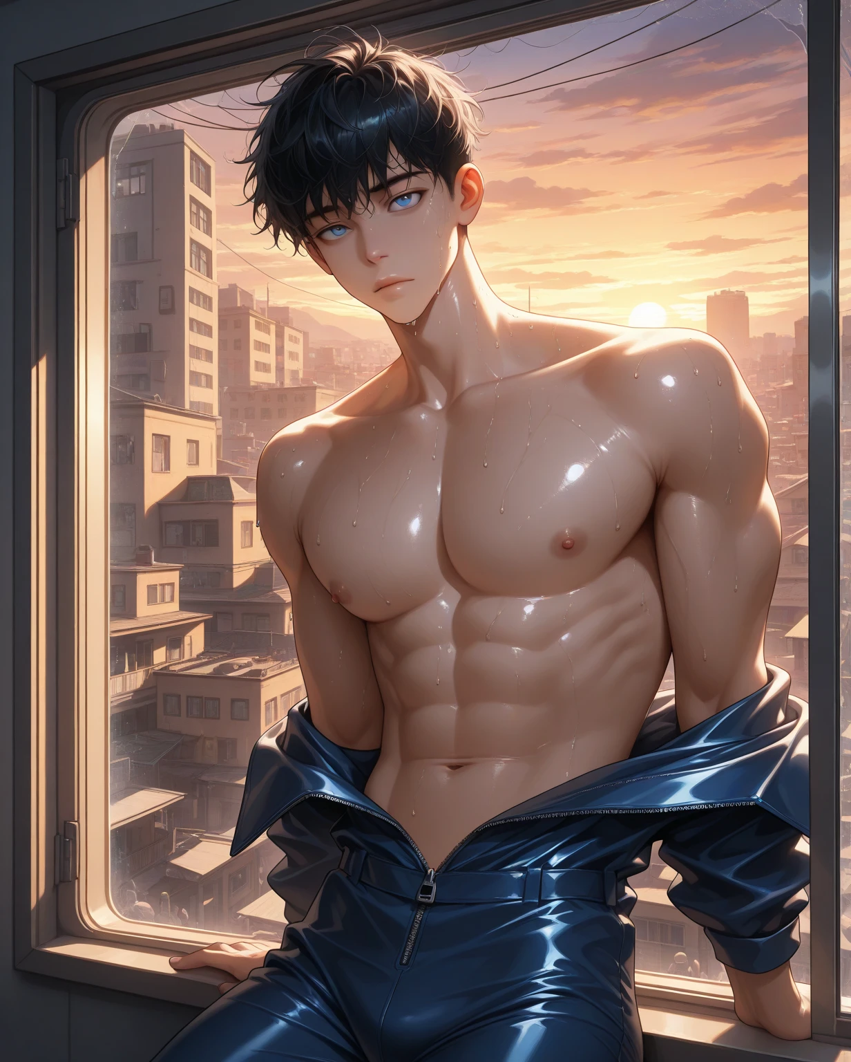 Serious 14-year-old looking at the city from the roof of the school. el hombre esta sin camisa cabello azul largo