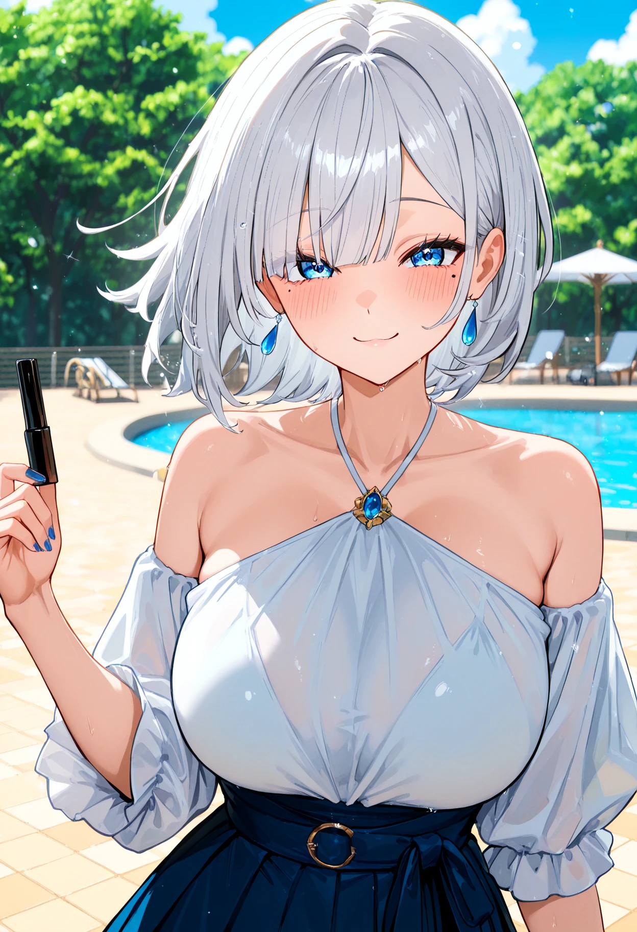 High level image quality best image quality 8K adult woman pool party rain palm trees more colors whole body view portrait bikini horn ears short hair((shortcut)(gray hair)(perm)(fluffy)) eye color is blue , , attractive evil face , smile , sexy pose , labrynth , arm crossed , barearm , wearing white shirt , sitting on person by the pool , crossed legs , all wet , wet hair , view foot arc