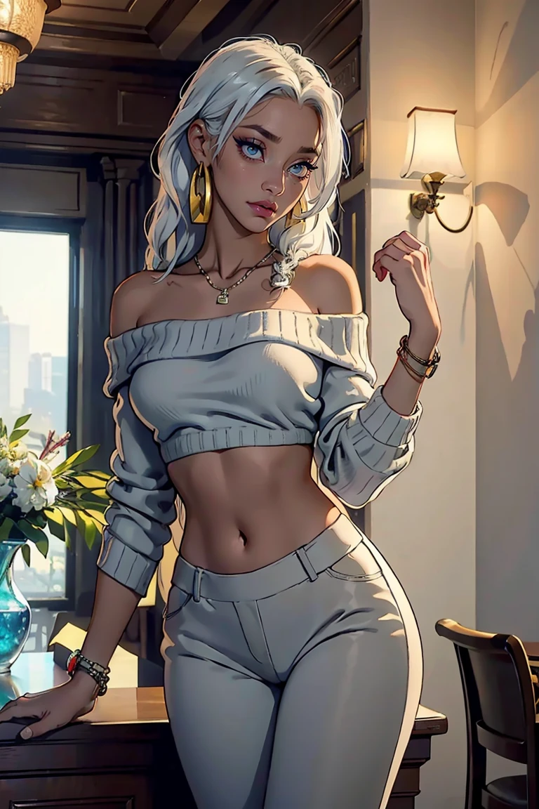 Goddess ((goddess-like woman)), slim, elegant silhouette, masterpiece, (close angle), best quality, (dark skin), sweet face, (masterpiece:1,2, best quality), (real picture, intricate details), ( 1 lady , Solo, medium tits, narrow waist, (with chin length hair), a woman with chin length hair, white hair, chin length, wavy white hair, turquoise eyes, she has an impressive presence., chin length hair, bracelet, hoop earrings, jewelry, beautiful face, beautiful eyes, Side Pose, Side View, She is wearing a white strapless short dress and sandals, the jewelry gives her overall appearance a touch of glamor. sweet smile, thigh gap, sweet irresistible smile, elegant pose, elegant hands, beautiful hands, perfect fingers, background: Bar, danceclub, city