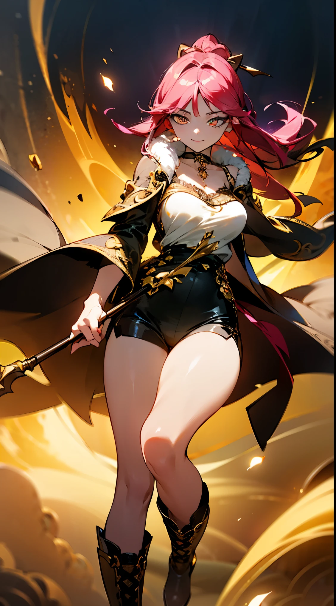 [redbowsette], [Princess_Peach], [Uploaded to rule34.xxx; (suoiresnu), (nekololisama)], ((masterpiece)), ((HD)), ((solo portrait)), ((front view)), ((full body)), ((lower angle view)), ((anime)), ((beautiful render art)), ((detailed shading)), ((intricate detail)), {bowsette; dark skin, cute red eyes, long eyelashes, long red hair, (gorgeous wide hips), (beautiful muscular legs), (thick thighs), (defined arm muscles), (smug smirk), (angry), (sharp white teeth)}, {(short black dress), (spike bracers), (spike choker), (red pendant on chest), (spike red earrings), (black heels), (super crown), (fishnet pantyhose), (black opaque gloves), (upskirt black panties)}, {(standing), (looking at viewer), (dynamic pose)}, [Background; (castle ruins), (Volcano), (dark starry sky), (lava), (smoke)]