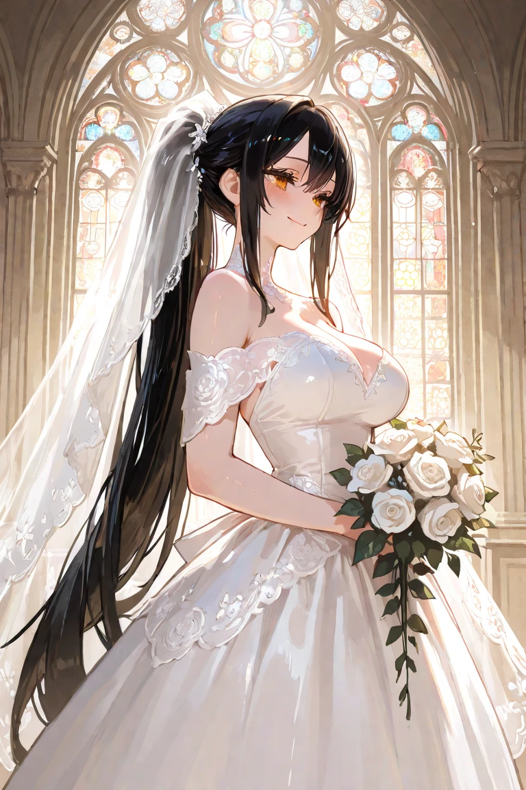 best quality,masterpiece, high res,original, beautiful detailed eyes,ultra-detailed, 1girl, omaezaki yuu, breasts, dress, veil, solo, wedding dress, large breasts, bouquet, bridal veil, smile, flower, gloves, blush, holding, cleavage, tiara, strapless, white dress, white gloves, looking at viewer, strapless dress, bare shoulders, jewelry, holding bouquet, bride, closed mouth, white flower, indoors, hair between eyes, sidelocks, rose, petals, gem, necklace, see-through, detached collar, elbow gloves, stained glass, very long hair, white rose
<lora:omaezakiyuu_v1:0.9>
