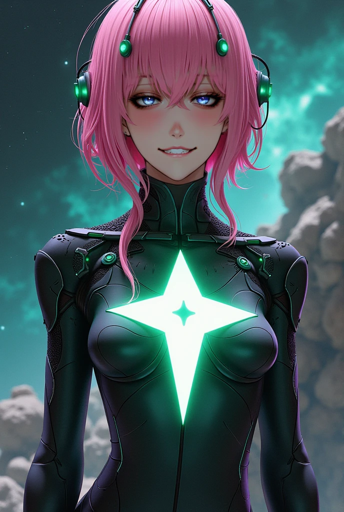 highest quality、Realistic、girl、zoom、Emerald green eyes、Pink Short Hair、Hero Suit、Glossy bodysuit、Cape、Brown black skin、slender、Dark Skin、Small breasts、Bust Shot、From below、universe space