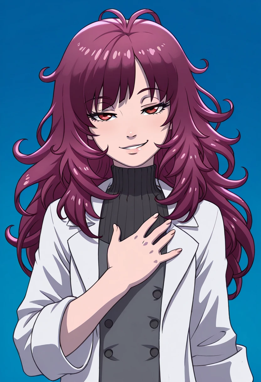 gideonscorral, 1girl,solo,cute,
mira, flat chest, slim build, fair skin, red eyes, long hair,messy hair, layered hair, dark pink hair, side bangs, waist-length hair, hair tufts
smirk, half-closed eyes, mischievous expression, hand on chest, relaxed posture
lab coat, turtleneck dress, dark gray outfit, semi-formal attire, scientist outfit
looking at viewer,portrait
Simple blue background,(soft focus:1.3),
masterpiece, amazing quality, best quality, ultra-detailed, 8K, illustration, CG, shiny hair, clear skin, ultra-detailed-eyes, eyelashes, highly detailed,