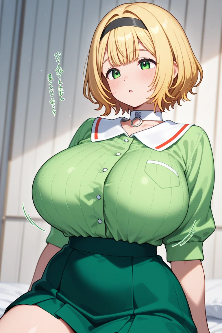(8k, highest quality, masterpiece:1.2),\(Green Eyes\),(\(Garment Details\)\),cowboy shot,(Huge boobs) ,Very detailedなCG Unity 8k 巨大なファイルサイズ,Very detailed,High resolution,Absurd,Beautiful Eyes,Ray Tracing,Dramatic Shadows,finely,Hyper Detail,(1 girl:1.3),(alone),(Blonde girl),wear(Cosplay_,Latex skirt、Cute green and white ruffled latex shirt),blush、Thick thighs、hot、Haa、Simple Background、Knee socks、Sitting on the floor、