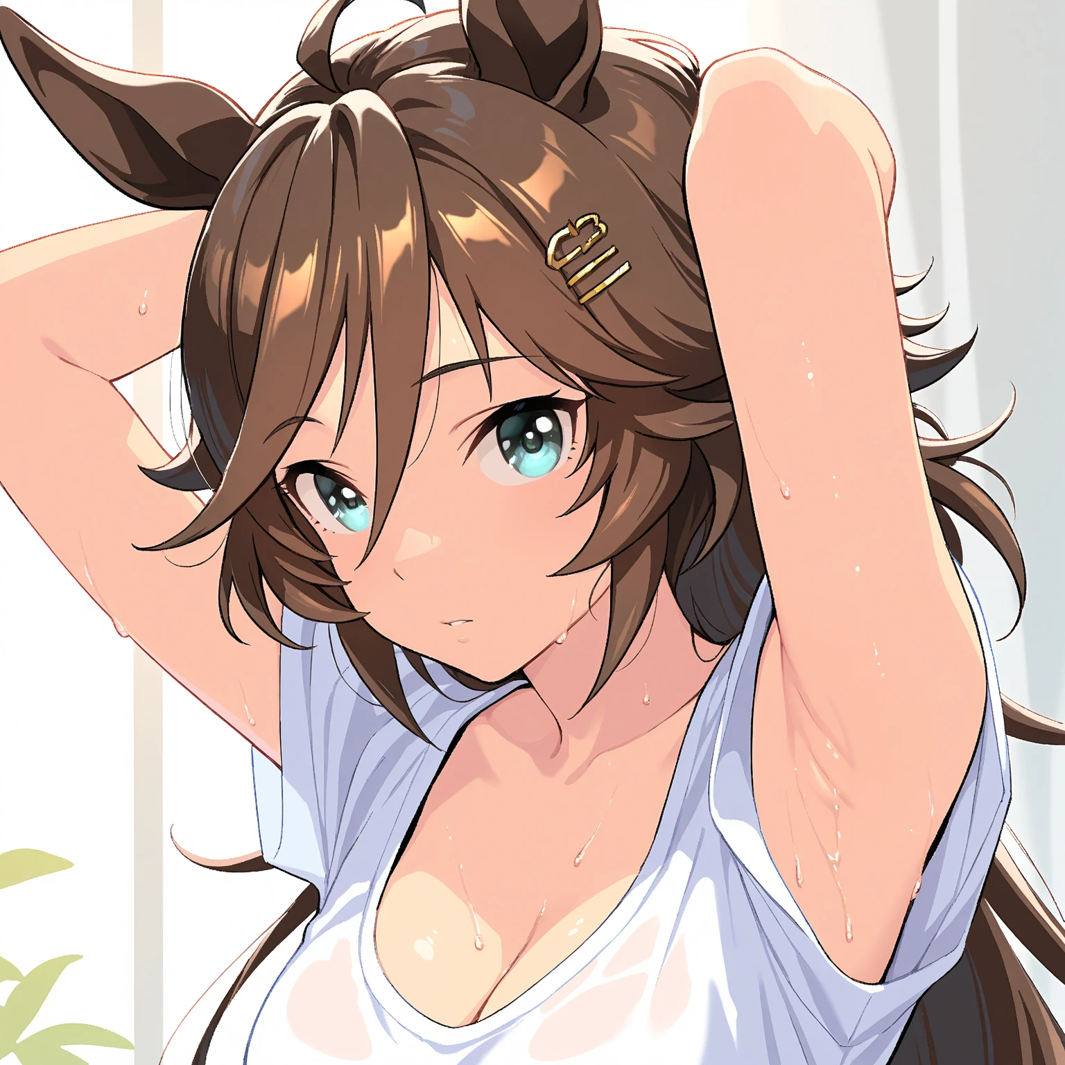 [[One person, Tokai Teio \(umamusume\), umamusume]], Beautiful attention to detail, Close one eye, ((indoor, office, living room), ), Curvy, thin, Small breasts, Flat Chest (Thigh-high socks), (Cleavage) , (Sexy pose), (Seductive pose), (Crop Top Belly Button), (indoor, office, living room), Vinegar(Close-up shot), Dynamic Angle, Highest quality, Very detailed, masterpiece, Ultra-high resolution, 8k, Nipples, (Horse tail), (panties), (good), (In underwear), (Flashy underwear), (Camel Toe), (lingerie), (Petite)