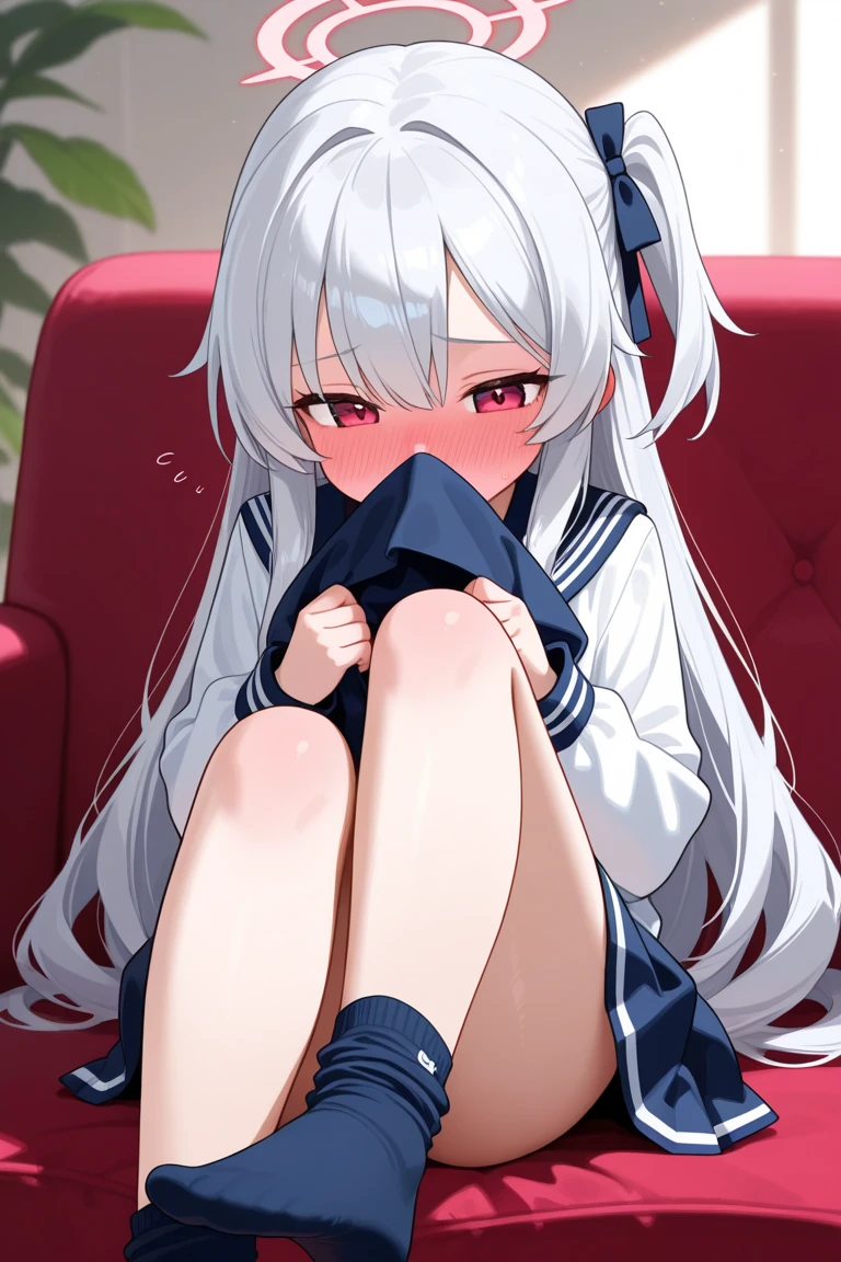beautiful girl,Anime Face,high school girl,Gray Hair,ponytail,anime colored,embarrassed,dark blue socks,steam,(low quality,worst quality:1.4),extra limbs,missing limb,extra digit,fewer digit,missing digit,missing finger,fused fingers,mutated hands and fingers,Large soles,1girl,soles focus,knees up,