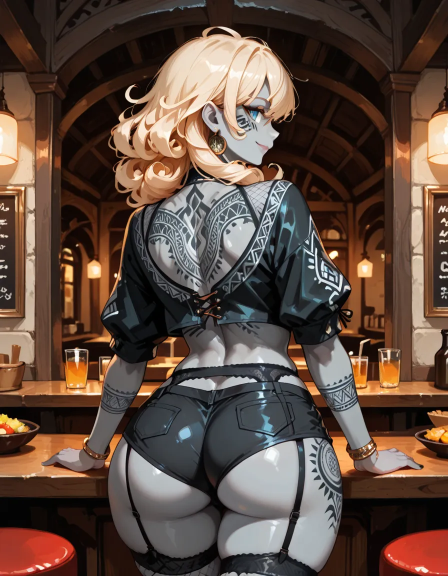 LeinaQuiron woman, breasts, blush, blue eyes, blonde hair, large breasts, cleavage, braid, hairband, armor, twin braids, side braid, short hair with long locks, buckle, shield BREAK (masterpiece, best quality:1.3), 4k, ultra-detailed, trending in pixiv, detailed background, detailed eyes, BREAK (in a medieval bar, surrounded by people:1.4), BREAK (from behind, cowboy shot, drunk, holding beer mug, raising mug, happy smile, ^ ^, closed eyes, :d:1.3), (light particles:1.2), (sweat, shiny skin:1.3)