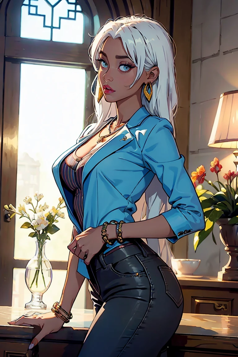 1 vintage 90s Girl, Long hair, shirt, white shirt, slick back hair ,Upper Body, chandelier earrings,  jewelry, white hair,crop top, leather pant , necklace,big breasts ,white skin
