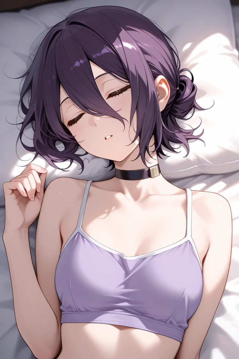 Adult, female, mature, short black hair, black hair, messy cut hairstyle, perfect purple eyes, perfect purple irises, toned body, medium breasts, smaller breasts, gothic, gothic piercings, oversized hoodie, gym shorts, messy apartment, sleepy, drousy, waking, sleepy, tired, small closed mouth smile, laying down, looking at viewer head shot, side view, shot, close up, (Masterpiece, Anatomically Correct, Accurate, Best Quality, Detail, High Details, Quality, Super Detailed, High Quality), (SuperQuality:1.0) ~ (SuperQuality:1.2)