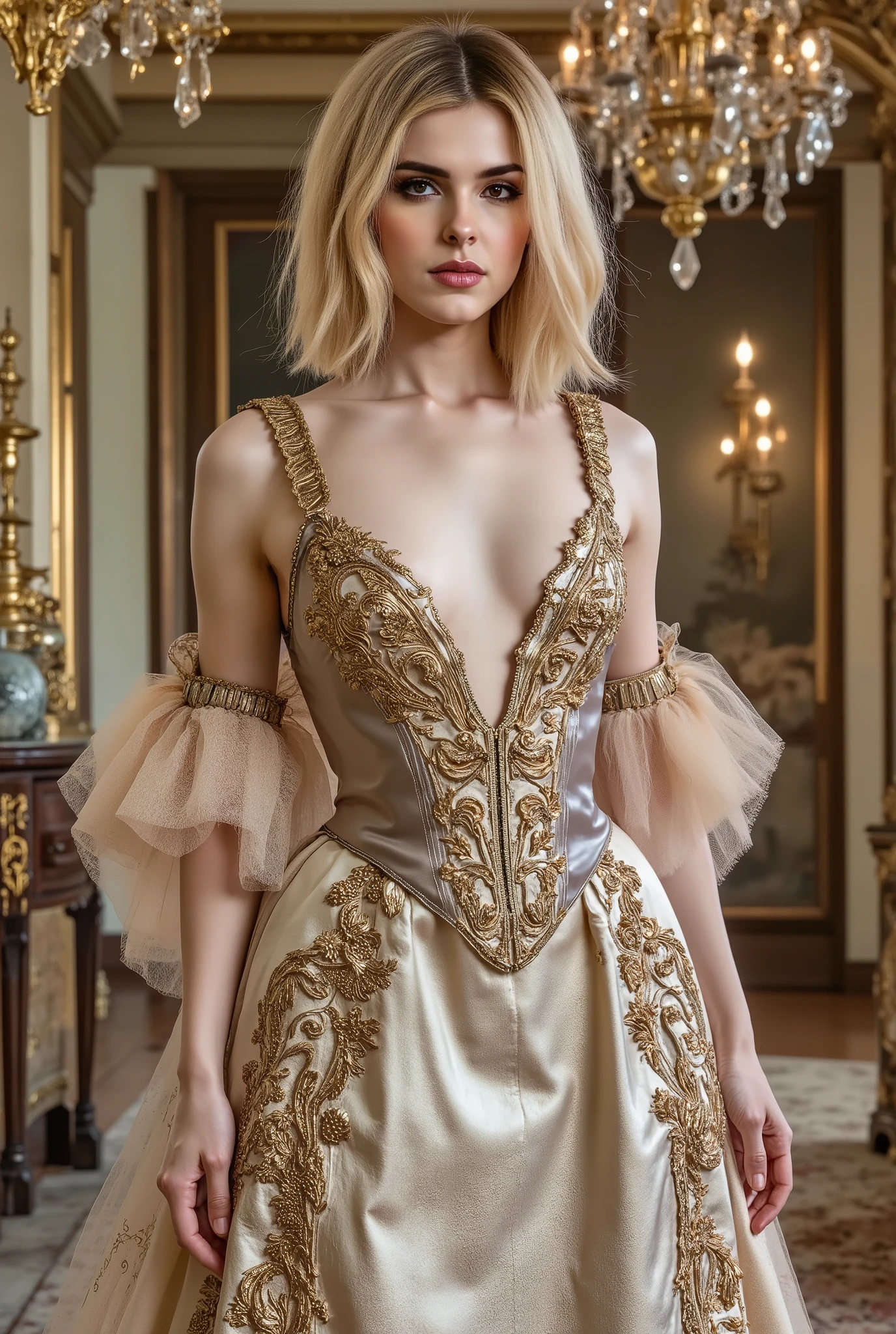 gorgeous woman, 17th century full glossy vinyl French dress, Merveilleuses, RococoStyle, sexy, long hair, sharp focus, high detail, shiny, real hands, perfect lighting, sexy, Sacque, latex Sack Gown, Palace of Versailles bckground