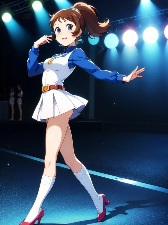 1girl, medium breasts, leotard, blue and red leotard, tight belt, bare legs, boots, matching boots, bracelets, city backdrop, solo, single, standing, full body shot, cowboy shot, beautiful detailed eyes, haruhi, looking_at_viewer, smile, short_hair, open_mouth, bangs, brown_hair, ribbon, cleavage, brown_eyes, hair_ribbon, :d, hairband, medium_hair, v-shaped_eyebrows, orange_hairband, spread arms, spinning, spins fast in place like a tornado, twirling in place, tornado spinning, rapid gyration, space backdrop, motion blur, speed lines, tornado