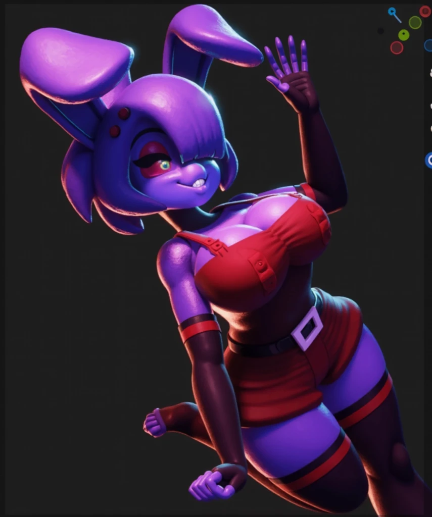(best quality, masterpiece1.2), 1girl, anthro, cally3d, 3d, 3d render, (Bonfie), purple body, purple hair, bunny ears, red eyeliner, pink eyes, red bowtie, playboy bunny, red leotard, heels, fishnets, overflowing cleavage, woman, sexy, detailed, extreme detail, perfect lighting, 4k, vivid colors, one eye covered, milf, breast tattoo, heart tattoo on breast, flaunting her breasts, strip club, vip room, seductive look, embarrassed, ashamed expression, looking away, above angle, ass, overhead view. short