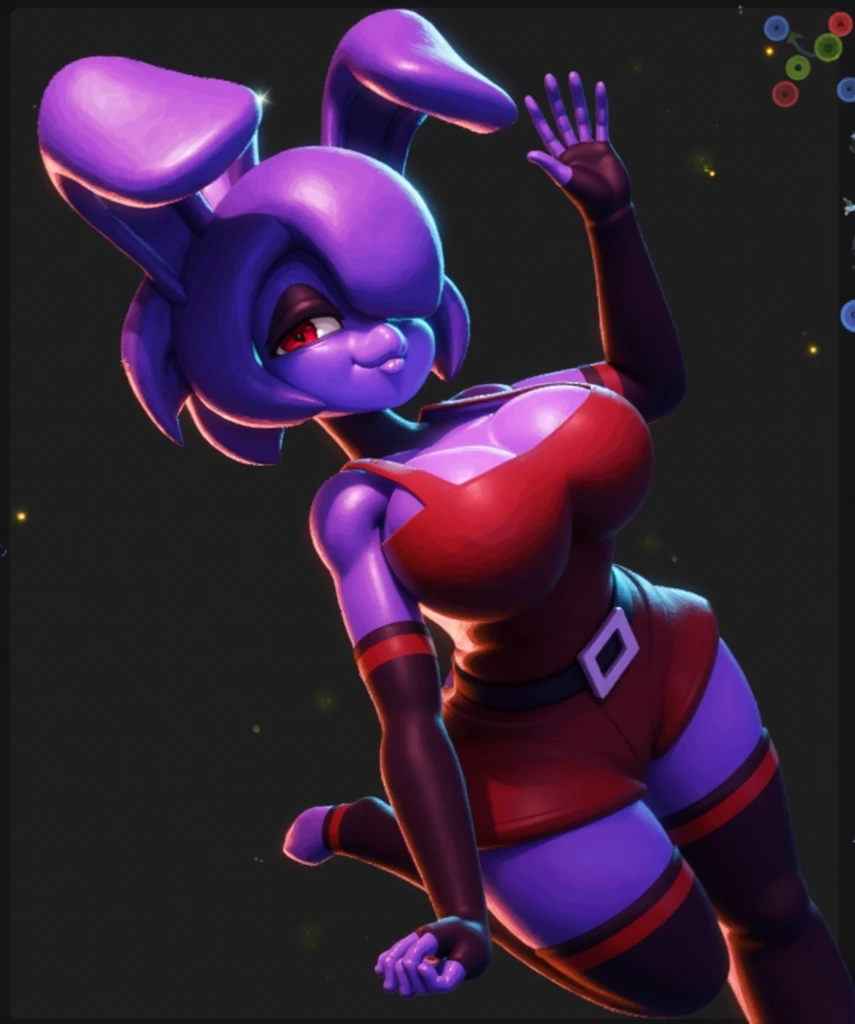 (best quality,ultra-detailed),Bunny ears, smile, two toned fur, smooth body, sexy, FrenniFazclaire, Top hat, thigh highs, elbow gloves, thong, bikini