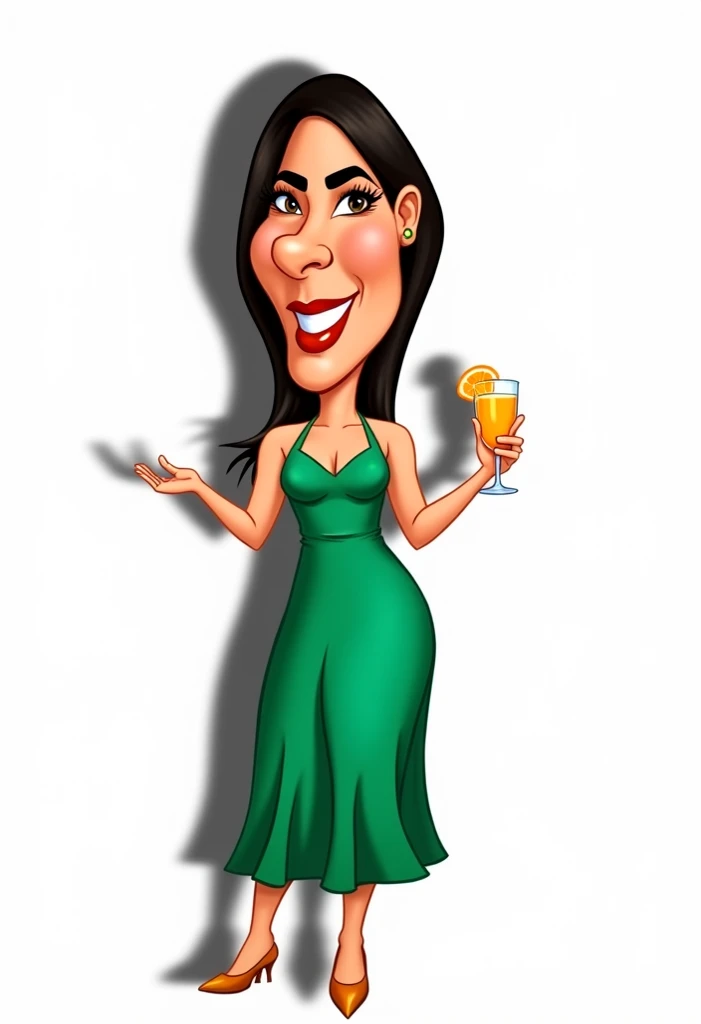8k, adobe photoshop, cartoon woman in green dress holding a glass of orange juice, in cartoon style, latin, caricature style, cartoon rendering, caricature illustration, caricature, she holds a glass of wine, cartoon art style cartoon, caricature, Cartoon image, cartoon digital art, cel shaded!!!, cartoon illustration, cartoon style illustration, caricature!!!