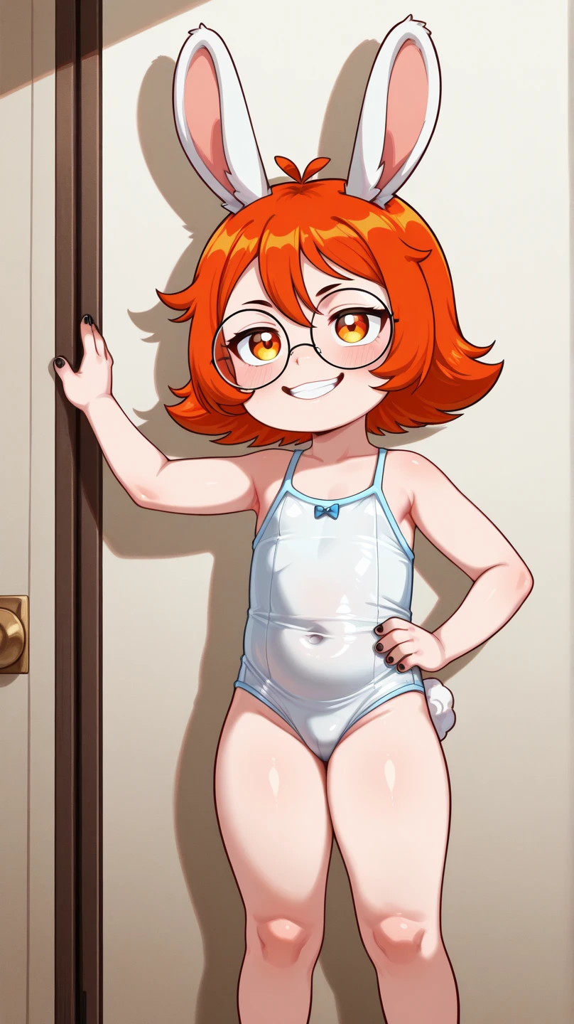masterpiece, best quality,(hoshizora rin:1.000), cowboy shot,yellow eyes, orange hair,(white and blue leotard), magical girl glasses, earrings, thighhighs ,at night, embarrassed, pixel_art