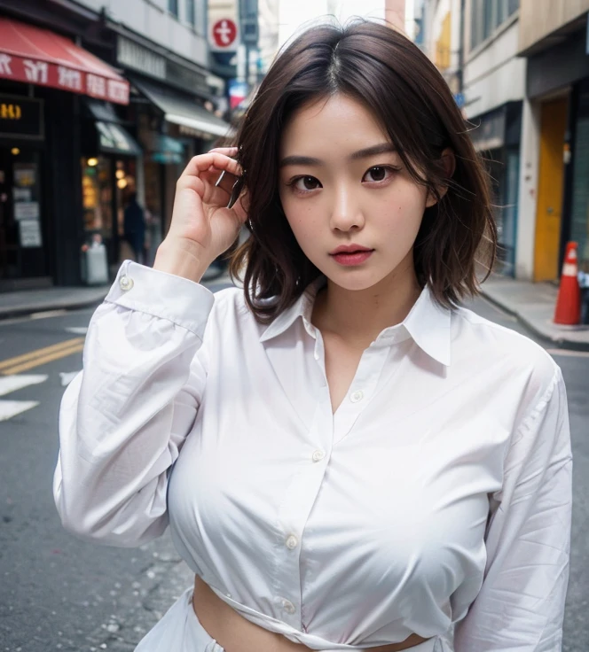 best quality, 1 Girl, dark blue hair, black eyes, Very short hair, Spiky hair, oversize t-shirt, High waist hiphop, 171 cm, Messy hair, Hair between the eyes, Medium breasts, full, Tomboy, aldult, 20 years old, 1 Girl near red motorcycle