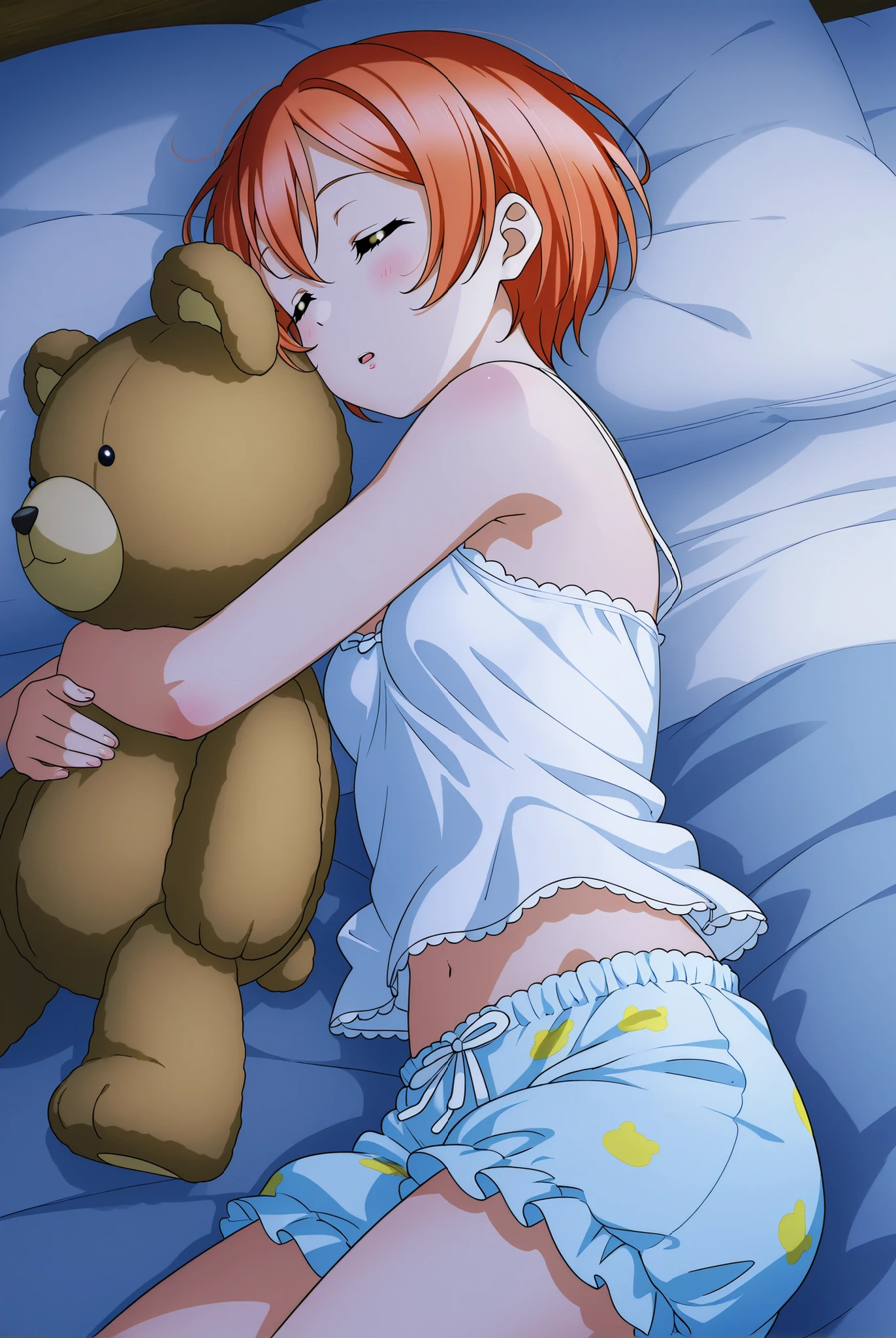 (Unity 16K Wallpaper, Masterpiece, Best Quality, Ultra Detailed, Extremely Detailed CG, Ultra High Resolution, Caustics, Detailed, Beautiful Detailed Eyes, solo, curby, negligee:1.3, dutch angle, lie on one’s back:1.3, socks on bed, hugging a stuffed toy), fine skin, orange hair, blue eyes