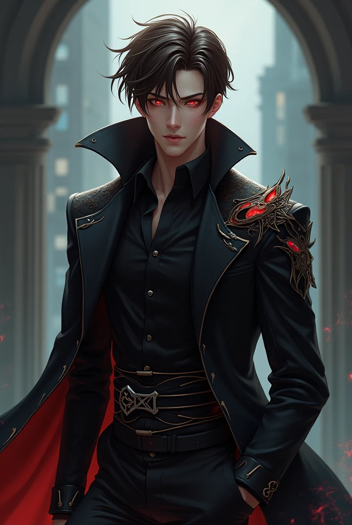 Absurd, high resolution, super detailed), 1 male, adult, handsome, tall muscular man, broad shoulders, black suit, scarlet eyes and delicate face, black hair, fantasy, vampire, fangs, fangs