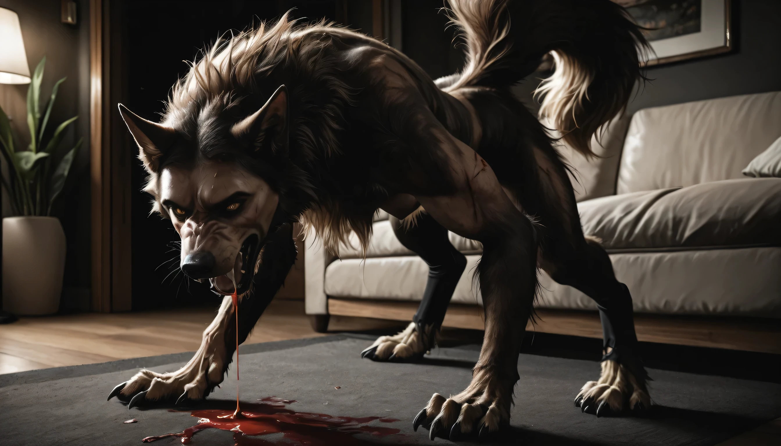 Werewolf transformation, dynamic pose, angle, pov, lying on carpet, standing, scratches, werewolf, fluffy wolf breast, [feet: paw:0.7], pads:1.3, paws:0.7, fangs:0.8, female, fur, snout, wolf snout, dog snout, whiskers, dog, nicked, bare,detailed fur, gradual fur, spread infection, scars, (injury, wound, wore, scratched, dripping blood, blood arounds, blood from mouth, bleed scars, bled), crying, sweating, drooling:1.2, in pain:0.8, crying:1.2, screaming, tattered socks, big toes, big curls fingers, deep night, ((darkness, night dramatic moon, deep shades,)), living room, shelf, TV screen light, scraps around, rags, shred, nsfw, clothes scraps,((Ultra-detailed, Realistic, realistic:1.37), 4k, 8k, RAW, HDR, UHD, 85mm f/1.4, 15mm, 35mm, 80mm, f2.8, high resolution, hd, full colour, 4k, high definition, sharp focus, smooth, Professional, cinematic, extreme detail, description, masterpiece, best quality,))