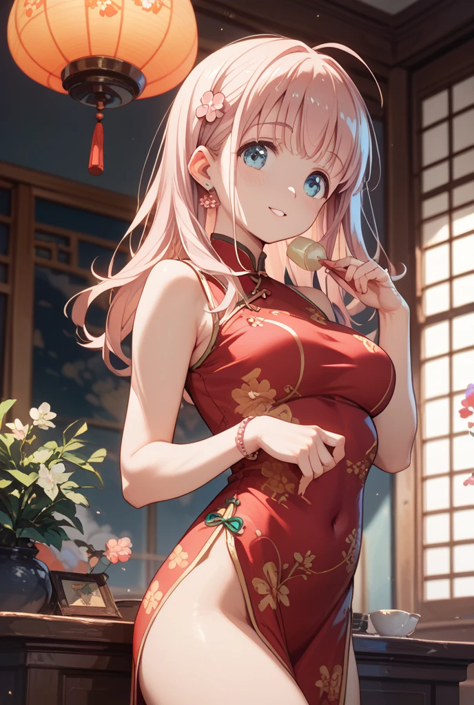 top-quality、超A high resolution、女の子 1 人、((Pink Mini Cheongsam))、cute little、(Kpop Idle)、(Charming Monkey:1)、(Platinum Blonde Hair:1)、((Puffy eyes))、Looking for the observer side、full body Esbian、facing the front there、(thighs thighs thighs thighs)