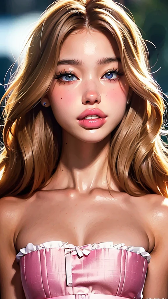 A realistic rendering of a David Wright style illustration of a very close shot, ultra close shot on the breasts of two pert, nubile, thin, freckled, teen girls, one's mouth positioned close to the other's nipple, one's nipple positioned close to the other's mouth, with 50s style, very short, sandy blonde hair, topless, bare breasts, small breasts, little breasts, tiny breasts pink nipples , puffy nipples , exposed nipples , slight smile ,wearing glowing, neon, clear plastic body harnesses, open blouse, undressing, uniform, partially clothed, clear, pink plastic, abstract, geometrical background, ultra close shot on breasts