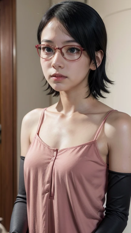 ((Highest quality)), ((masterpiece)), (detailed), One Japanese Girl, Japanese, 16 years old, Sunburned skin, Realistic texture, flat chest, Lift your chest, puffy face, (broad jawline:1.5), Light Brown Hair, short hair, Bobcut, (Messy Hair:1.2), Thin eyebrows, no makeup, (laugh out loud), (photo realistic:1.55), Tank top, ((Wears large round glasses with thin frames)), from above