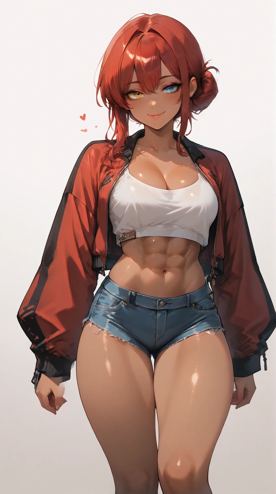 (masterpiece, best quality), a girl, solo, (mature female:1.2), HDR, Ray Tracing, glistering shiny, best colors, bloom, (depth of field), (looking down at viewer, smug), (low_angle), beautiful face, beautiful eyes,
((buff body, muscles, female muscles)), (red hair, short hair, thick hair, spiky hair), beltbra, boobs, (shorts, belt, adventurer ornaments),