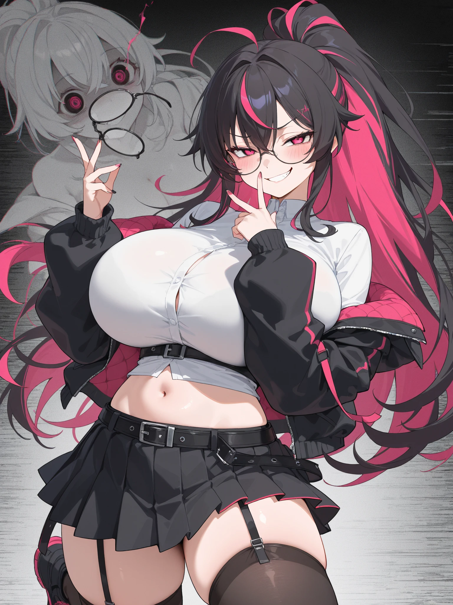 "anime girl, 1 person, black hair, shoulder length hair, red eyes, glasses, white horns, black bunny suit, black bunny girl,black bunny suit, big breasts, high heels, blushing, lewd face, smile ,standing  cross-legged, viewed from different directions, rabbit hole, in a bar,(full HD 4K+ image)"