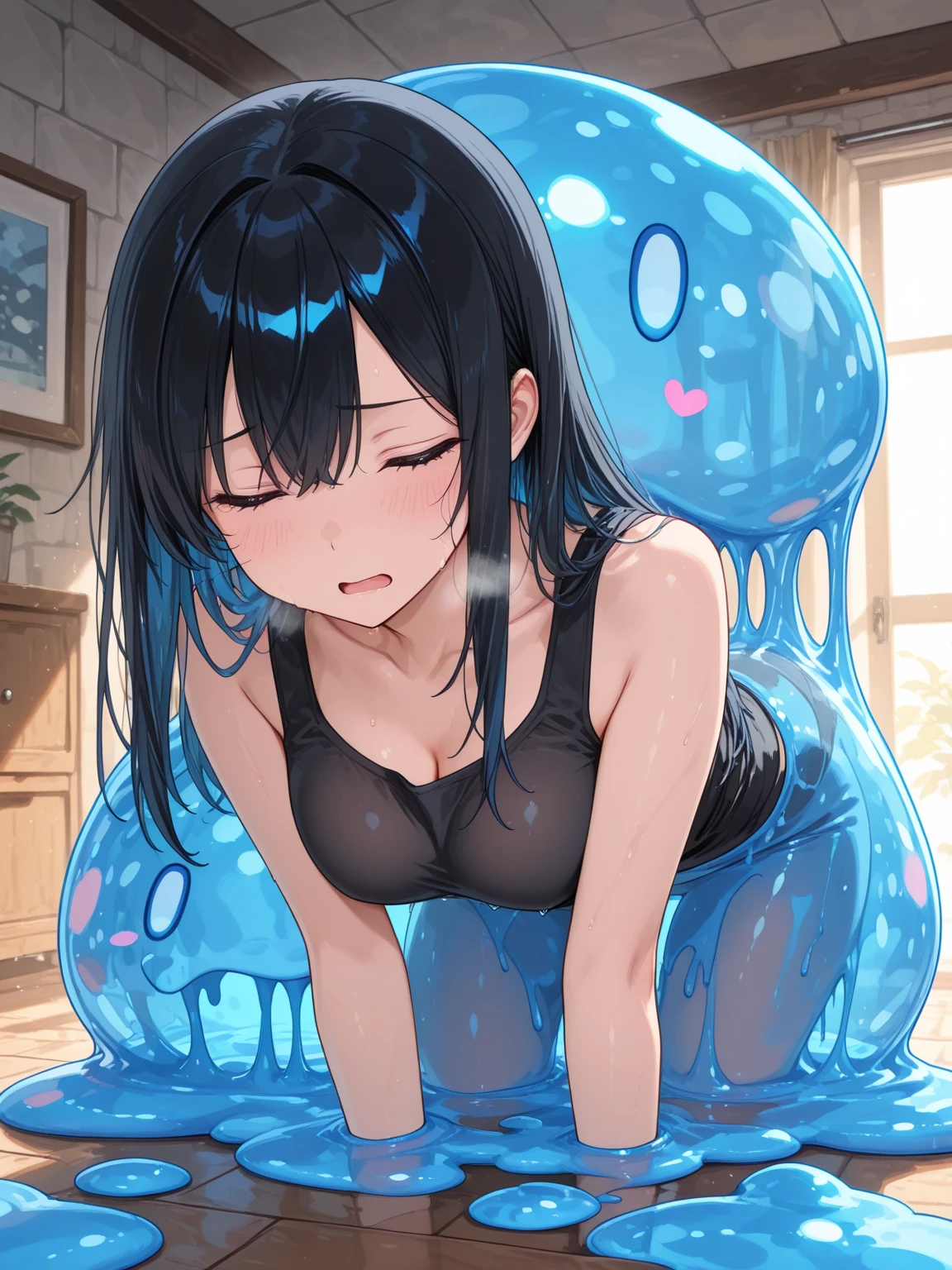 1 Girl with Black Hair, Melted clothes, (inside the stomach of a living thing), being swallowed, red background, Complex shapes, Slime \(substance\), masterpiece, highest quality, very detailed, melting body,anatomy,nsfw,pouring body fluids,陰部をこじ開けて入りこむSlime,grotesque