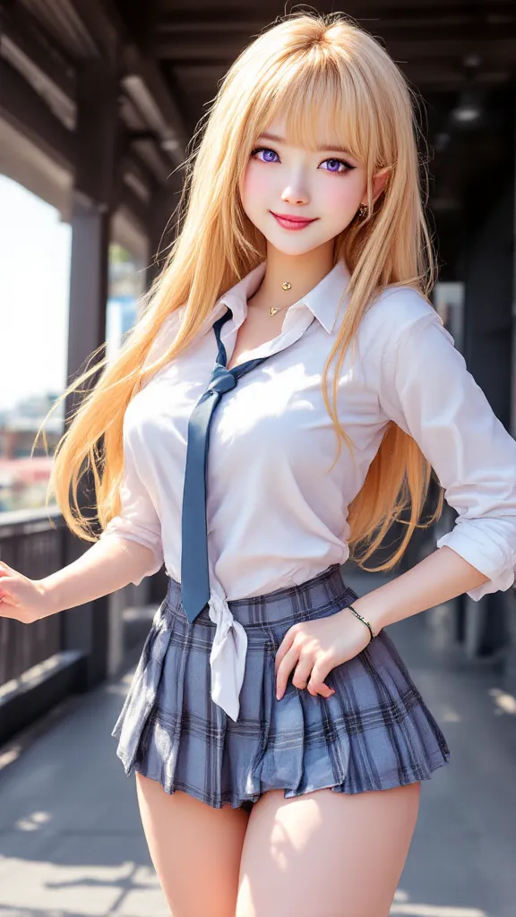 (((Marin Kitagawa))), (masterpiece, best quality), ((extremely detailed, intricate details, lush detail, insanely detailed face, beautiful red eyes, lips, detailed skin, very wide-eyed, skinny)), (( floating hair, shiny skin)), (1girl), wide hips, narrow waist, thick thighs, ((big pupil)) , nervous, ((happy, smile, long hair, younger, blush, tall, black outline, blonde hair, straight hair, seductive eyes, mature female, older, very long hair)), 1girl, toned, ((((indoors, in front of a big window, light shining through window, upper body focus)))), solo, blonde hair, school uniform, skirt, necktie, shirt, shoes, choker, jewellery, white shirt, socks, smile, brown footwear, black socks, looking at viewer, loafers, blue skirt, multicolored hair, plaid, pleated skirt, tied shirt, black choker, bangs, plaid skirt, bracelet, earrings, standing, blue necktie, grin, collared shirt, (((hands behind back, 1girl)))